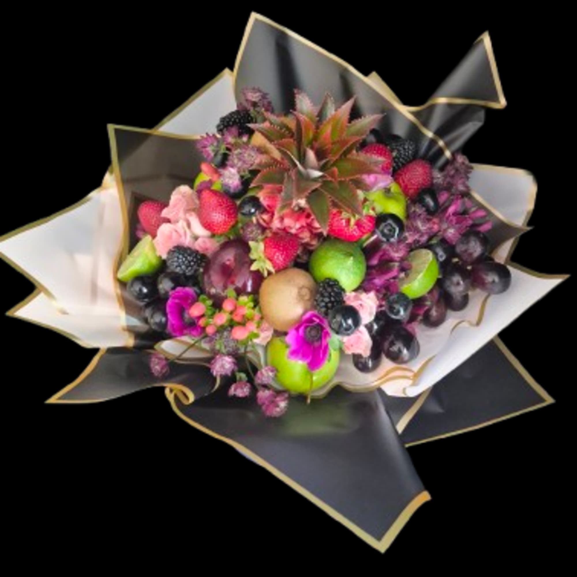 A playful, gift-like flower arrangement that reads as an abundant edible surprise-perfect