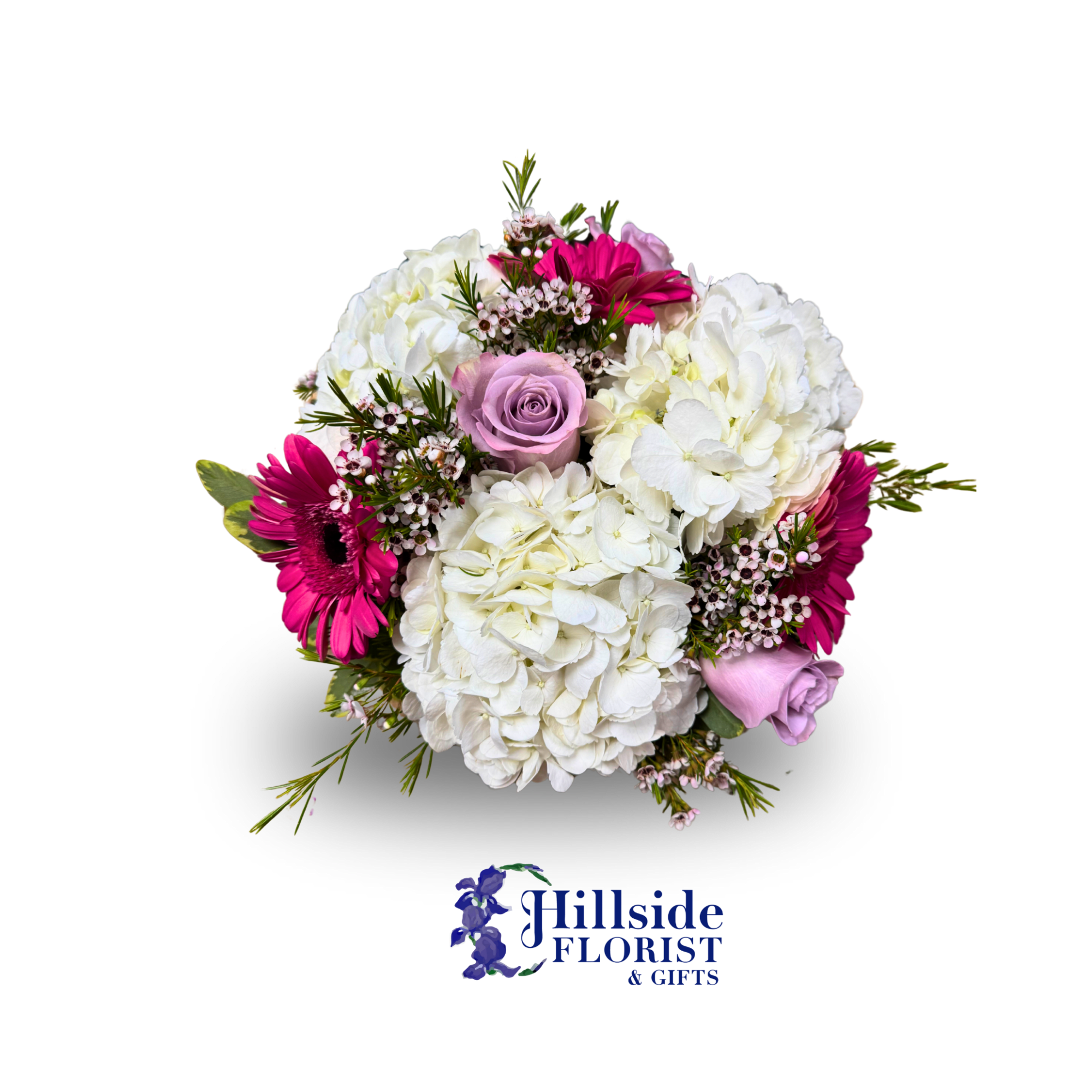 Pink and white bouquet with hydrangeas, roses, and gerbera daisies