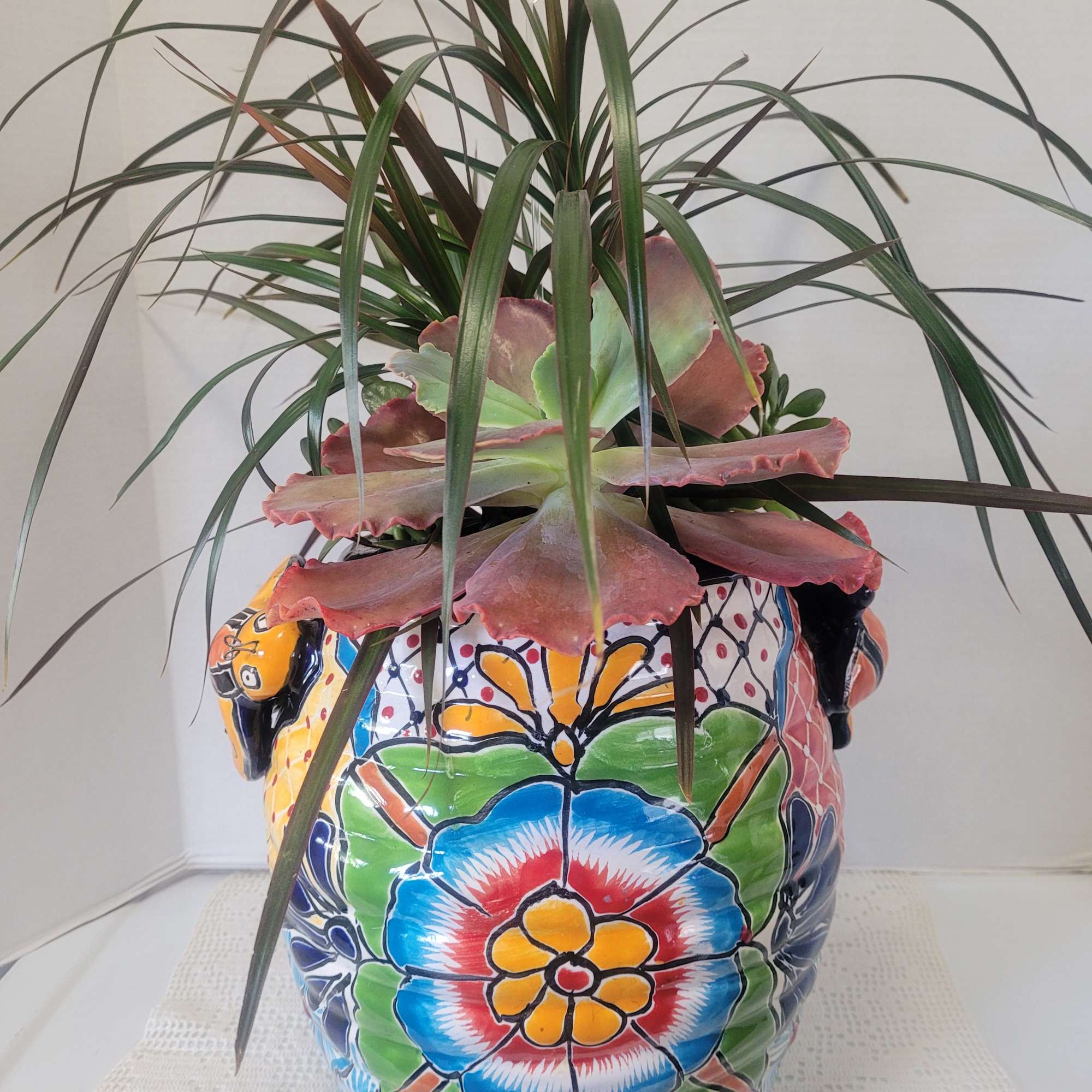 The star of this arrangement is really the very large Talavera container