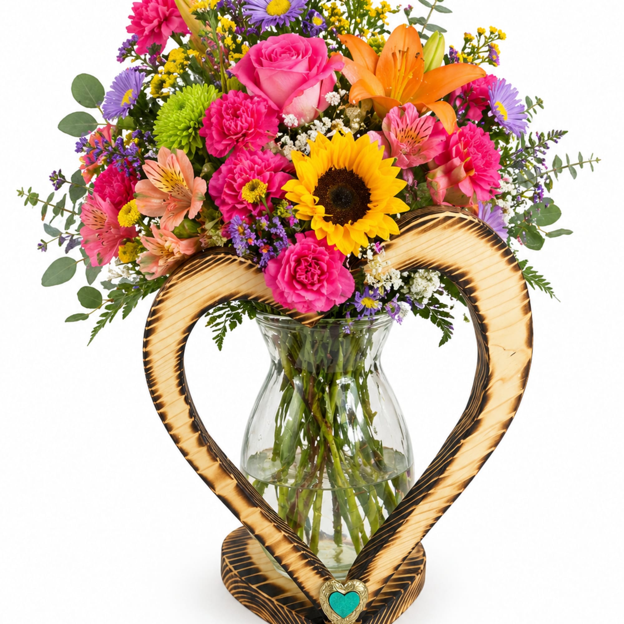A lovely wood-colored vase adorned with a wooden heart, filled with classic