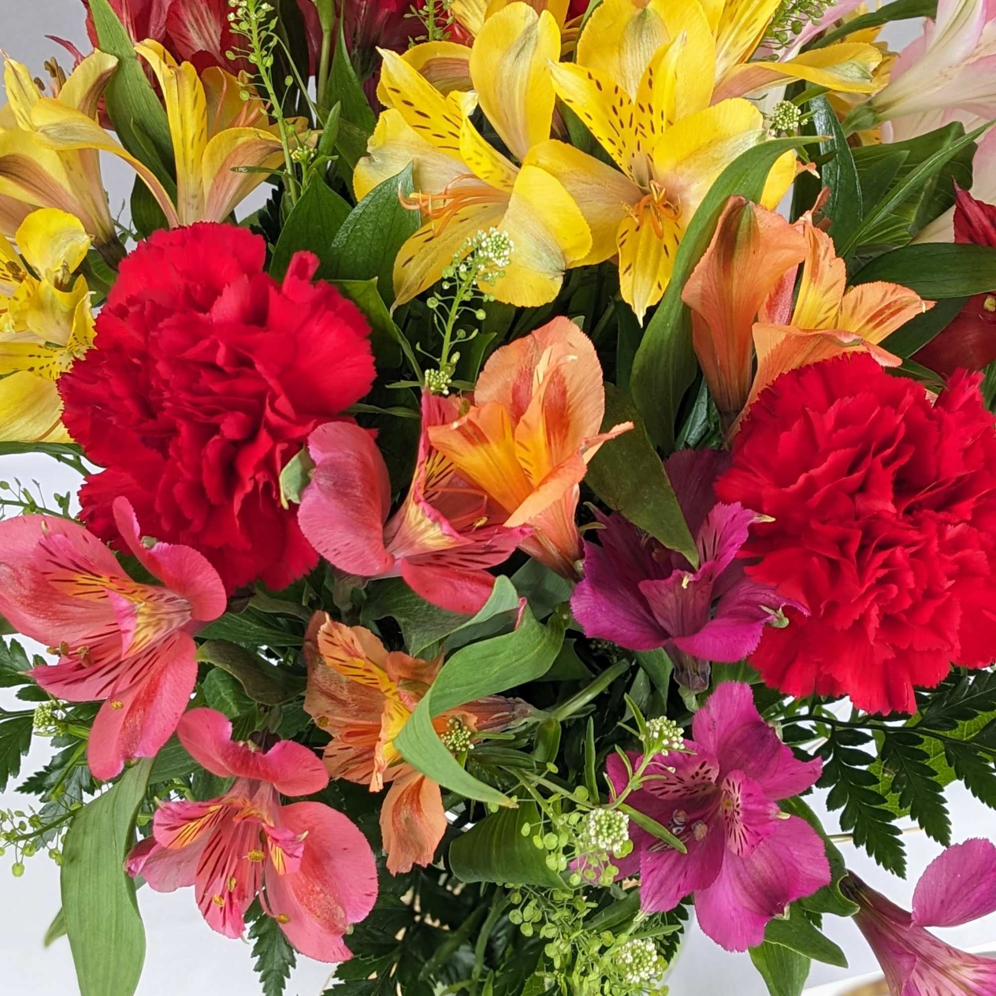 Mixed bouquet of red carnations and yellow, pink, and orange alstroemeria