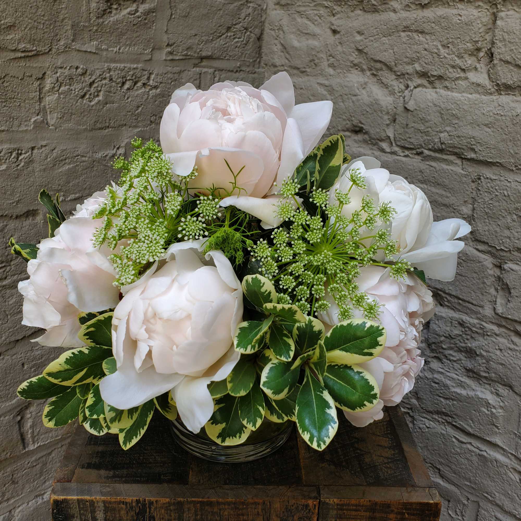 White peonies arranged in a low glass bowl with green-and-cream foliage