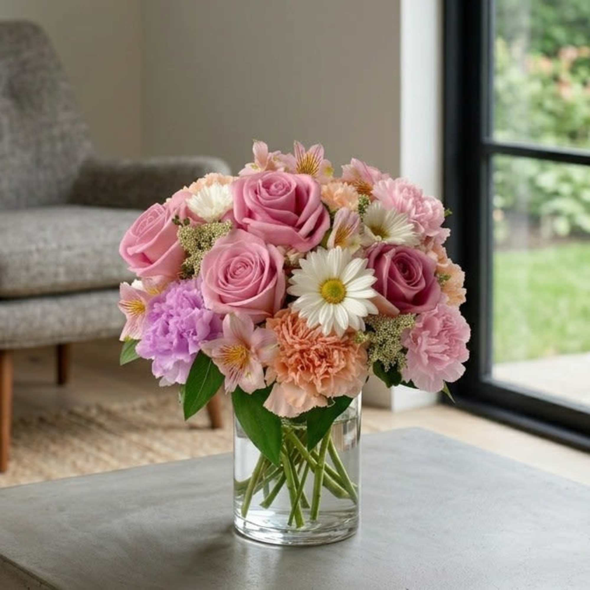 A delightful medley of peach, lavender, and blush blooms come together in