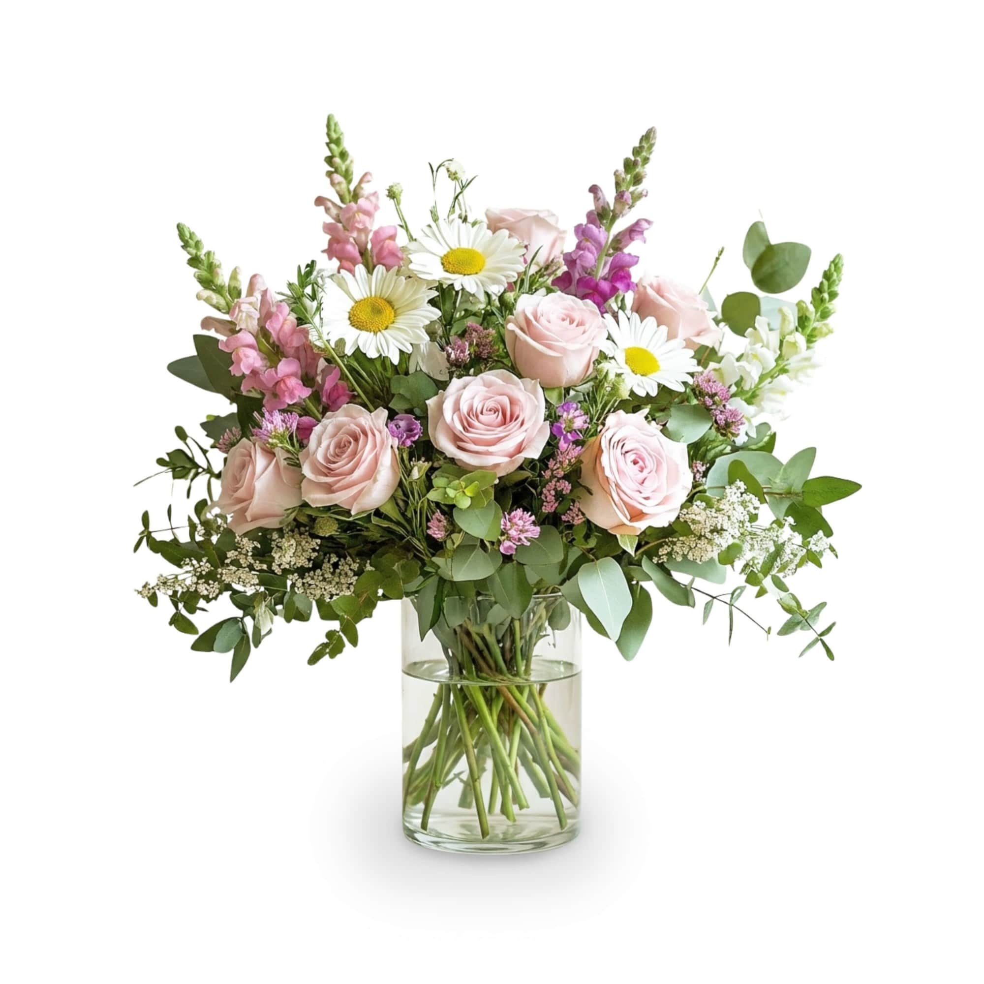 Classic white daisies and elegant pink roses come together in this bright