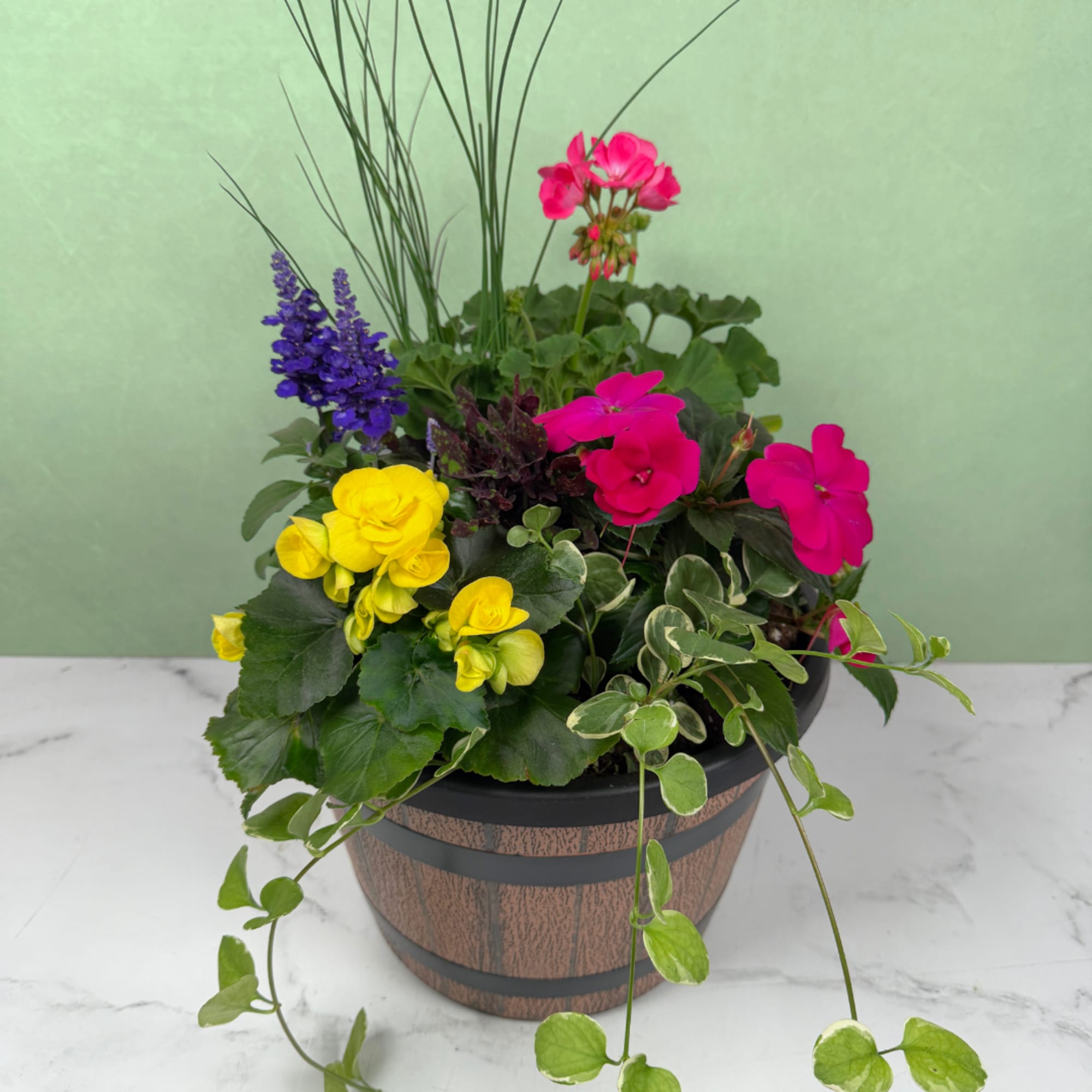 A lively mix of potted flowering plants brings the colors of summer