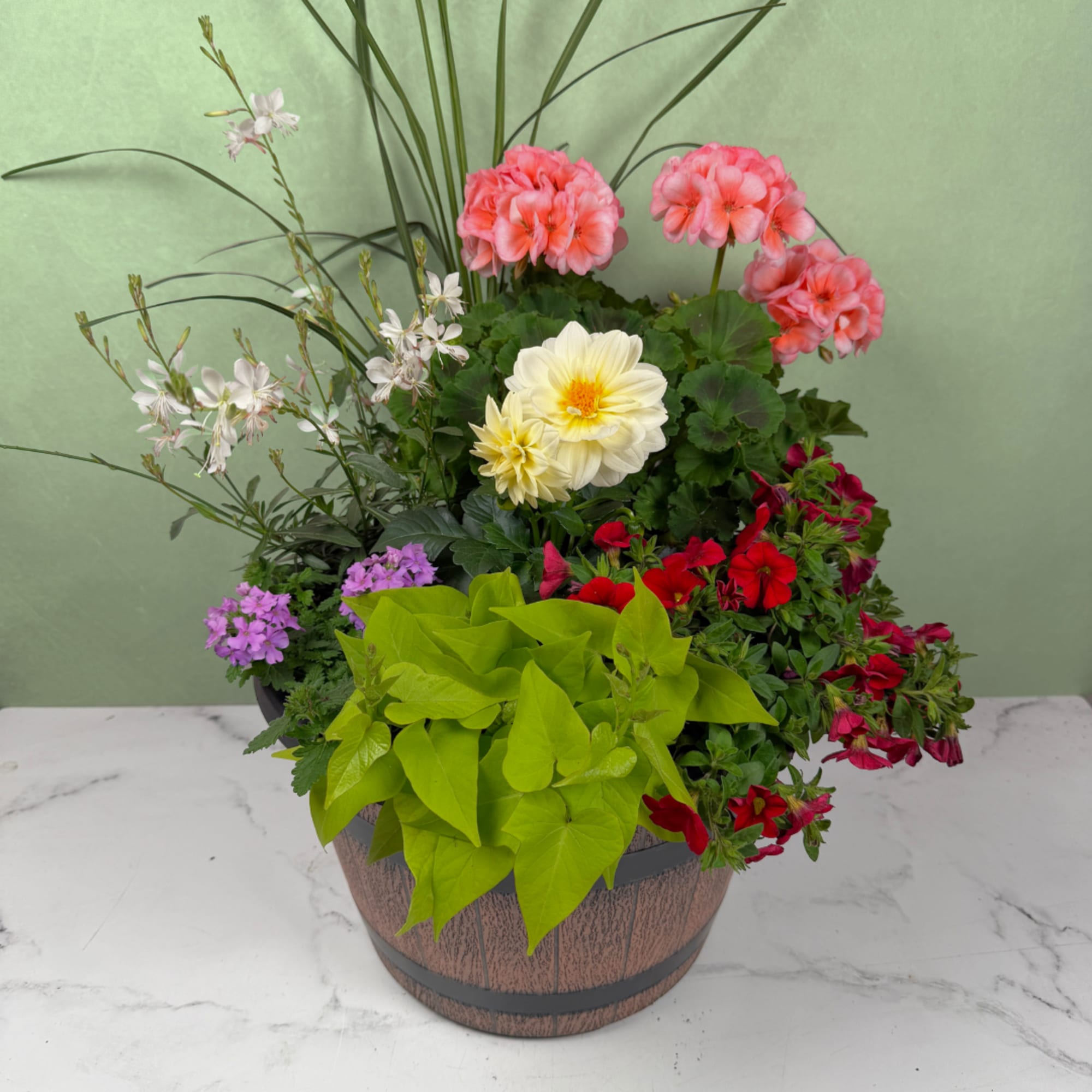 A large, lively mix of potted flowering plants creates a showstopper of