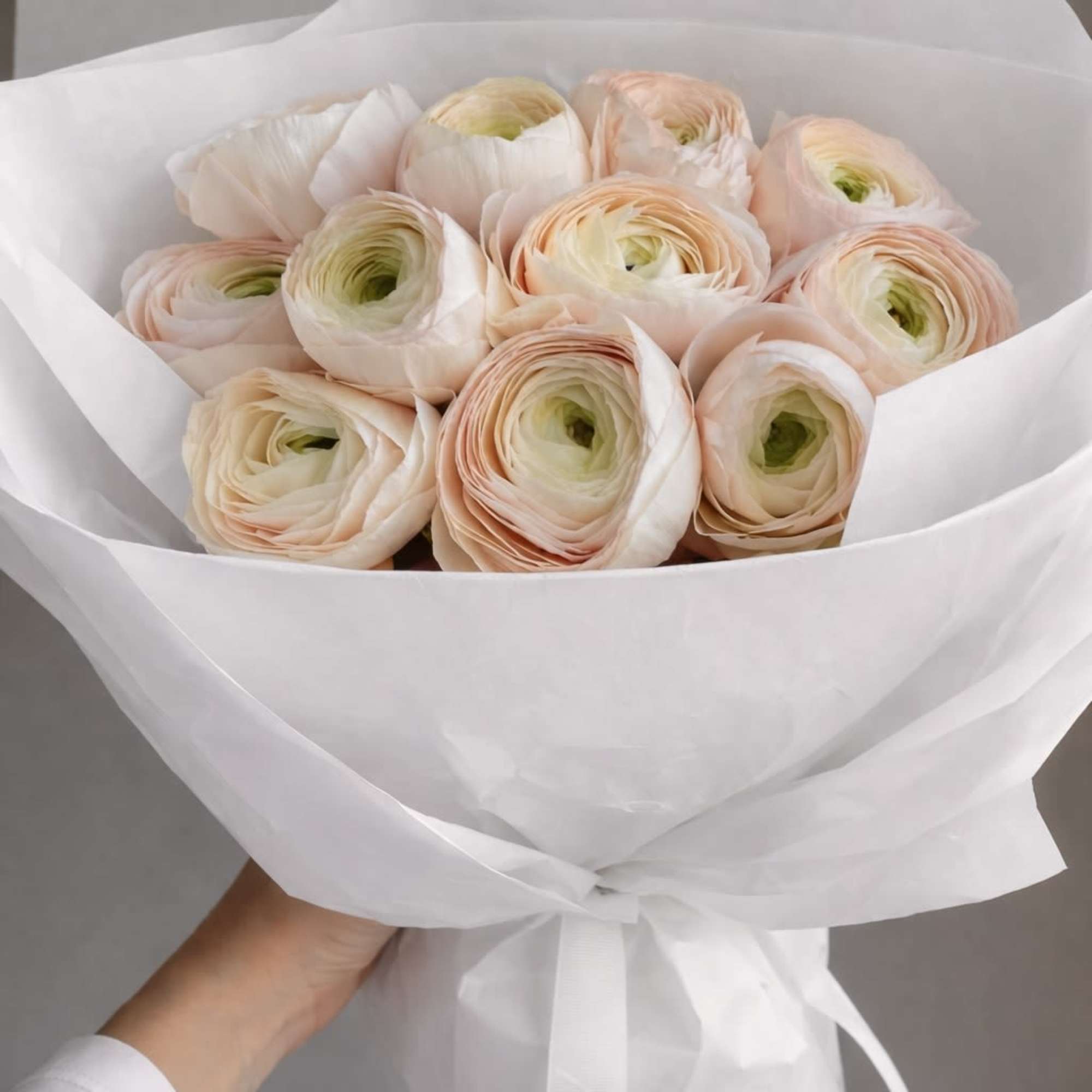 Bouquet of pale peach ranunculus wrapped in white paper