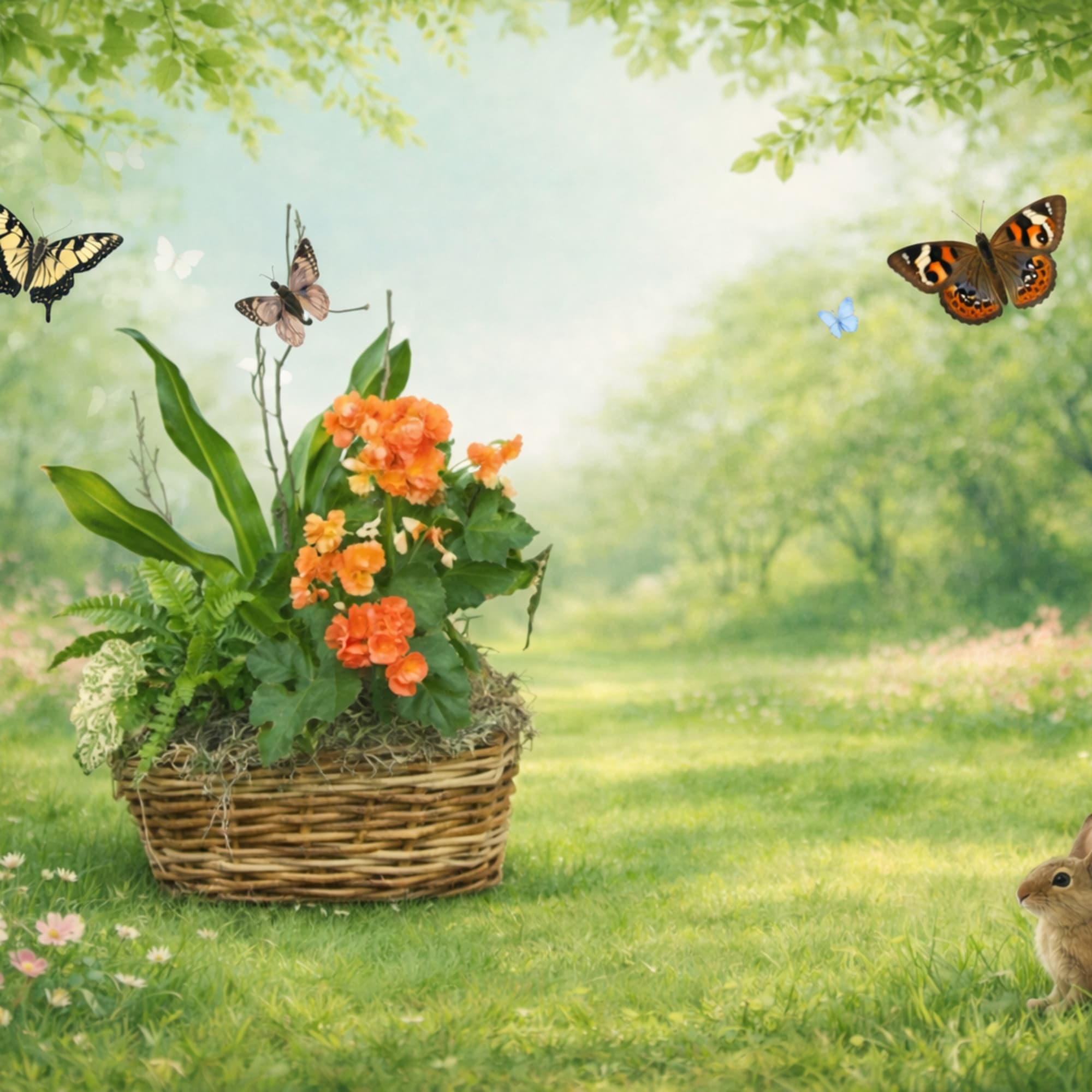 Orange flowers in a wicker basket with butterflies and a rabbit in a spring meadow