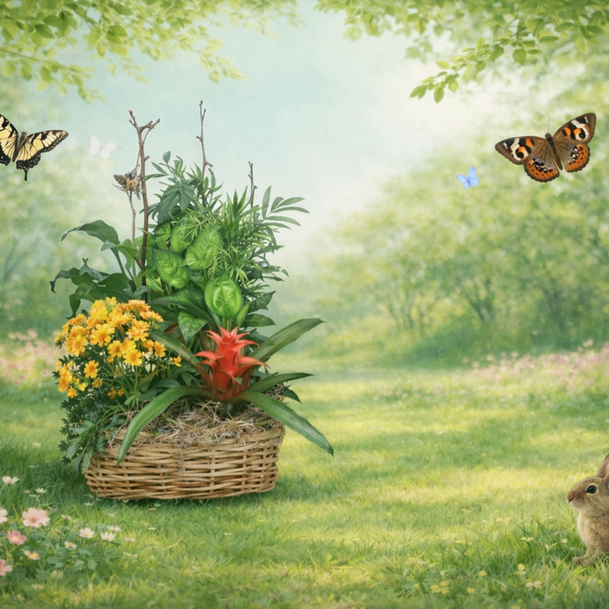 Basket arrangement with yellow and red flowers in a spring meadow scene