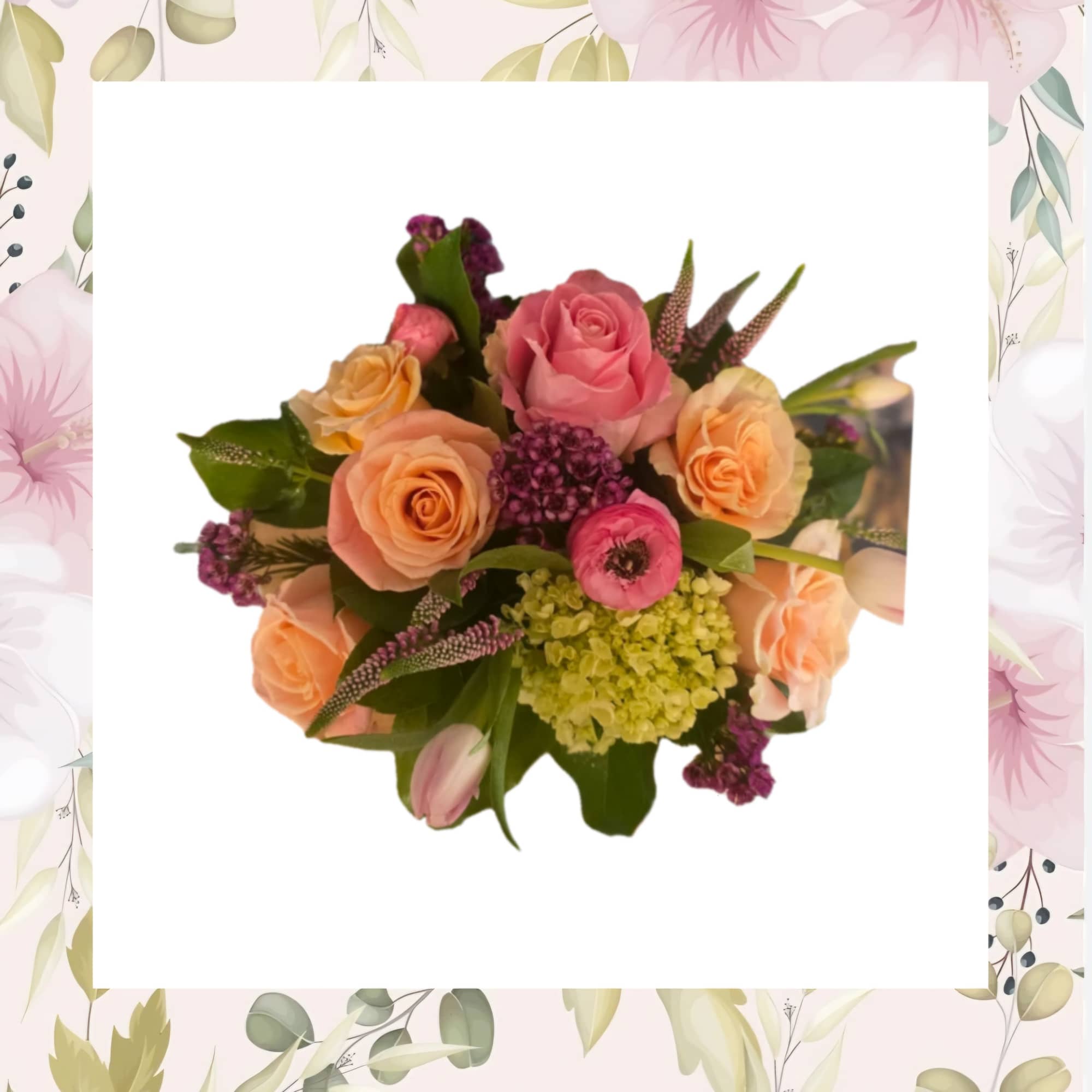 Bouquet of pink and peach roses with purple accents