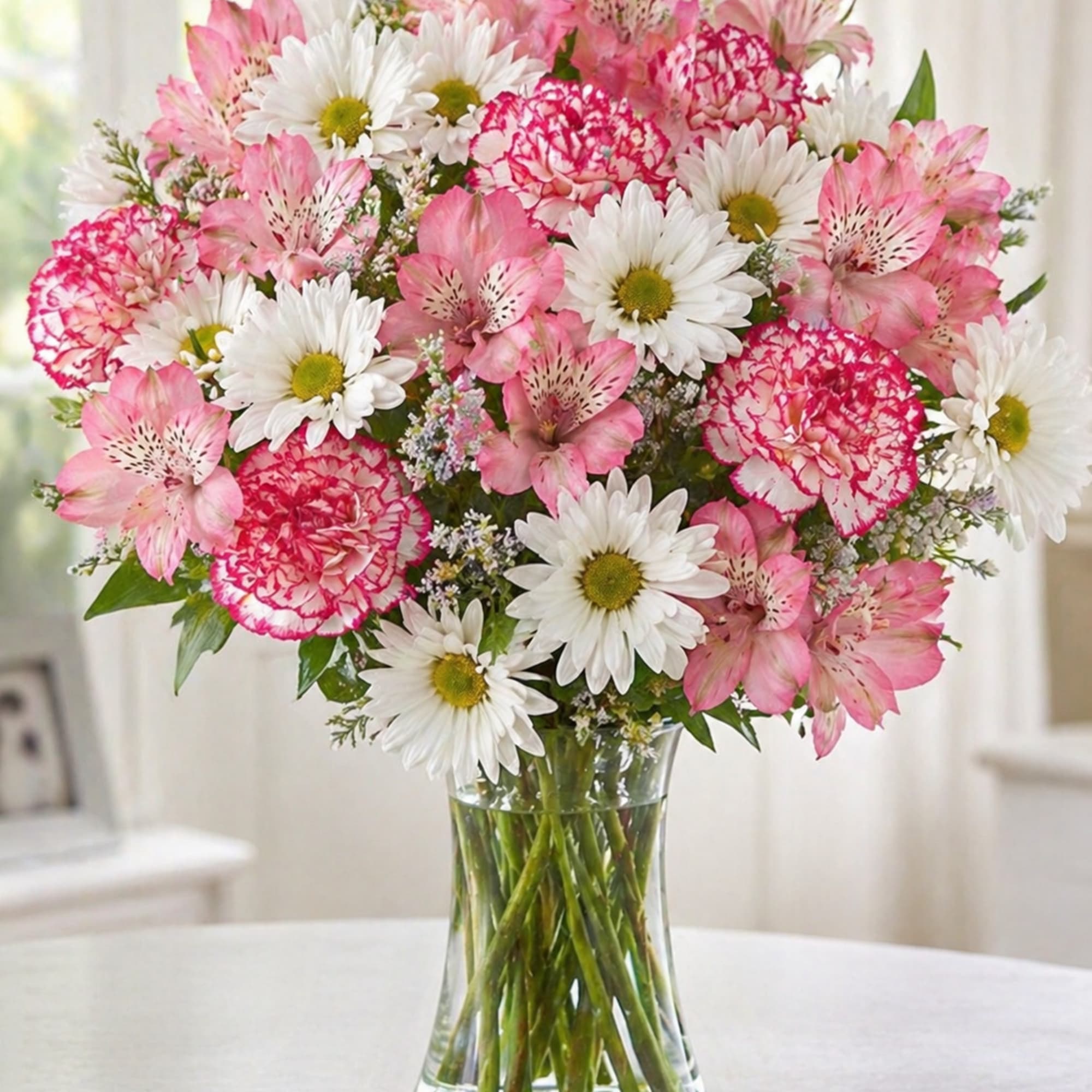 A cheerful mix of crisp white daisies, pink alstroemeria, and bicolored carnations