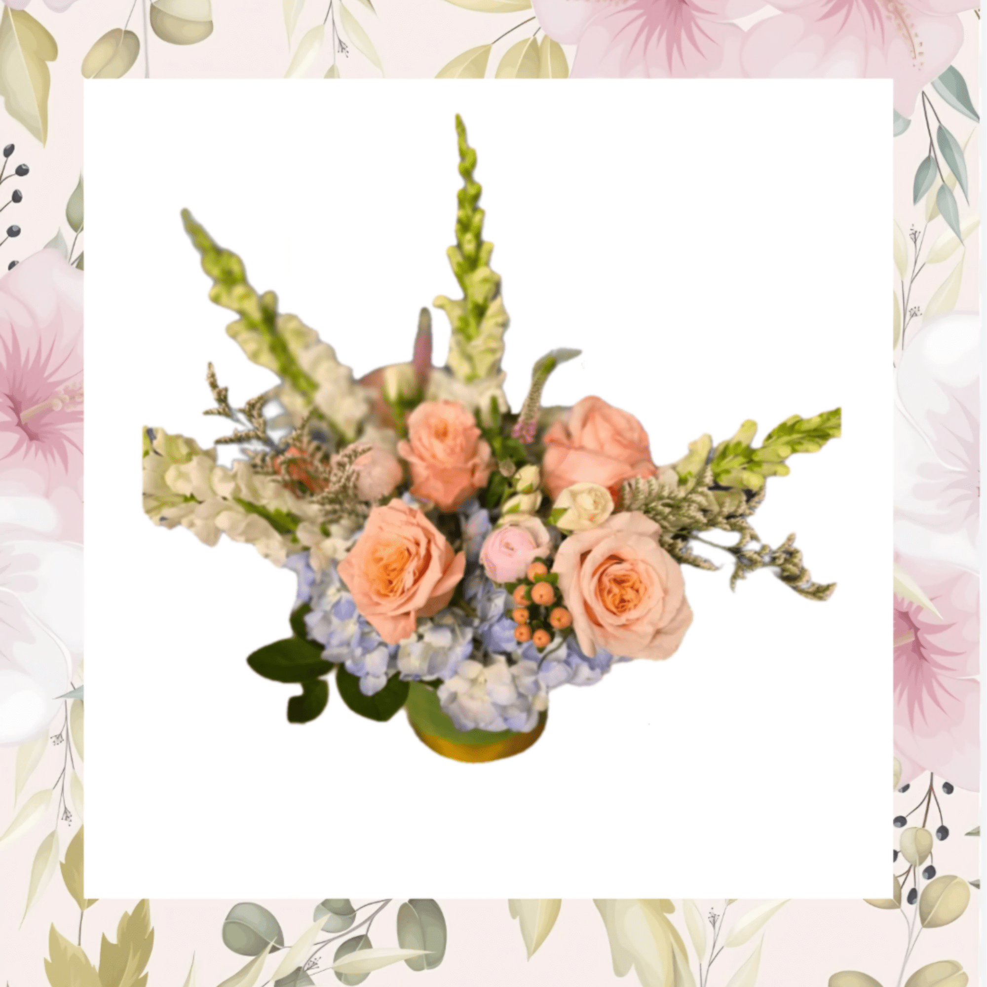 Peach roses and blue hydrangeas in a low floral arrangement