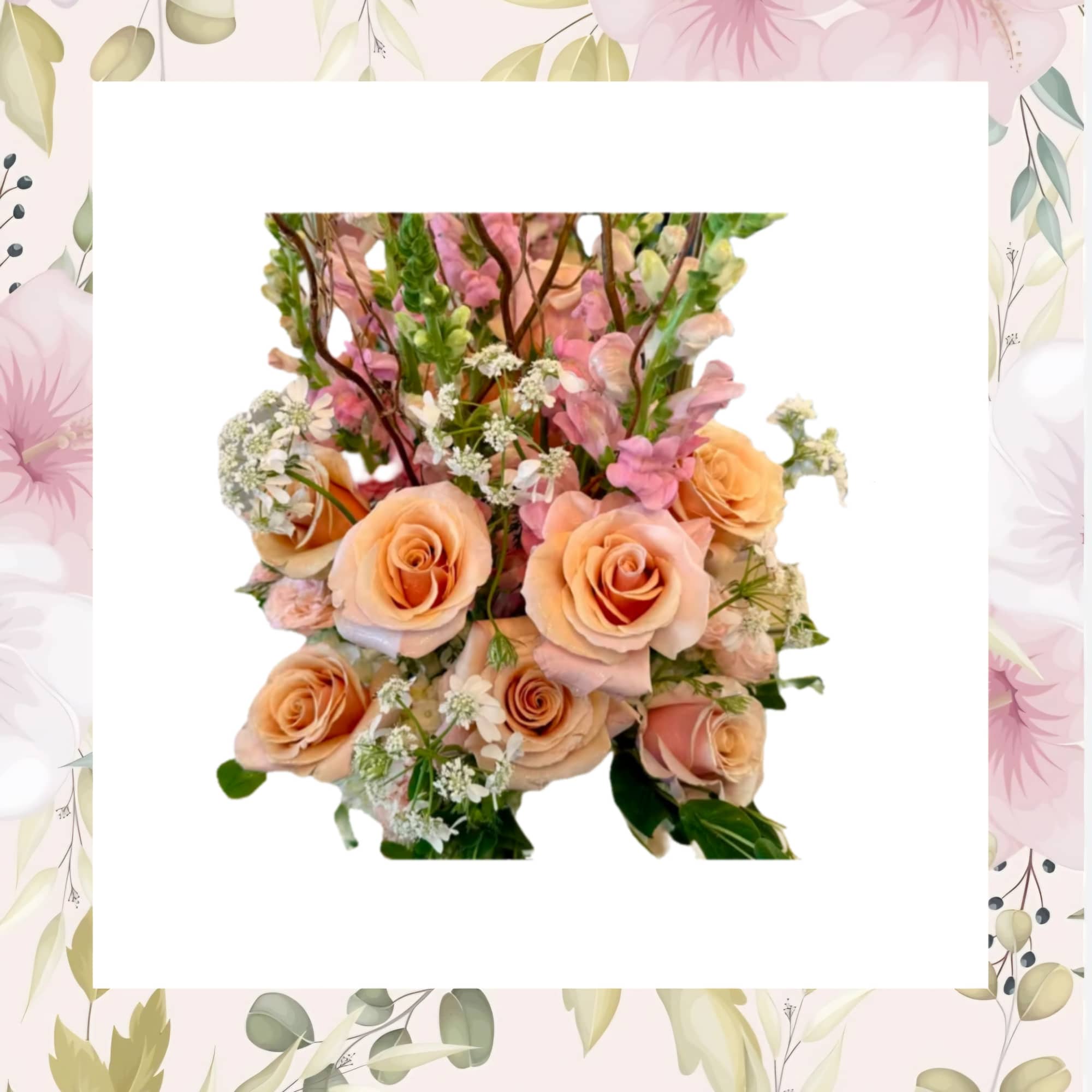 Peachy Pink Paradise is a grand arrangement of roses, hydrangea, and snapdragons