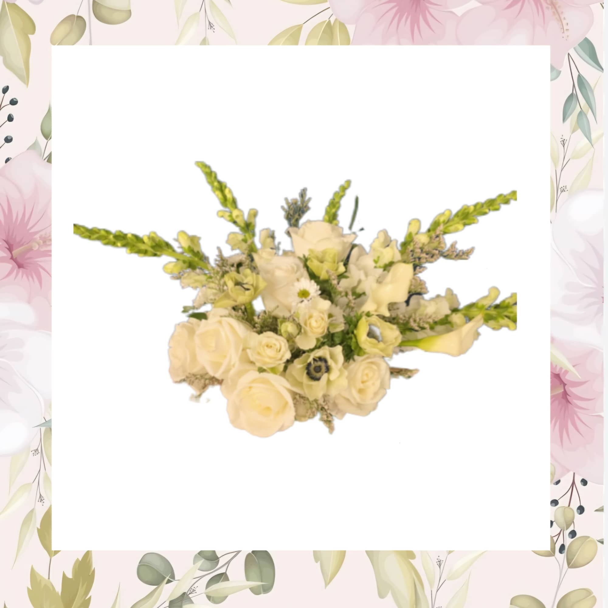 Cream rose bouquet with white calla lilies and green spikes