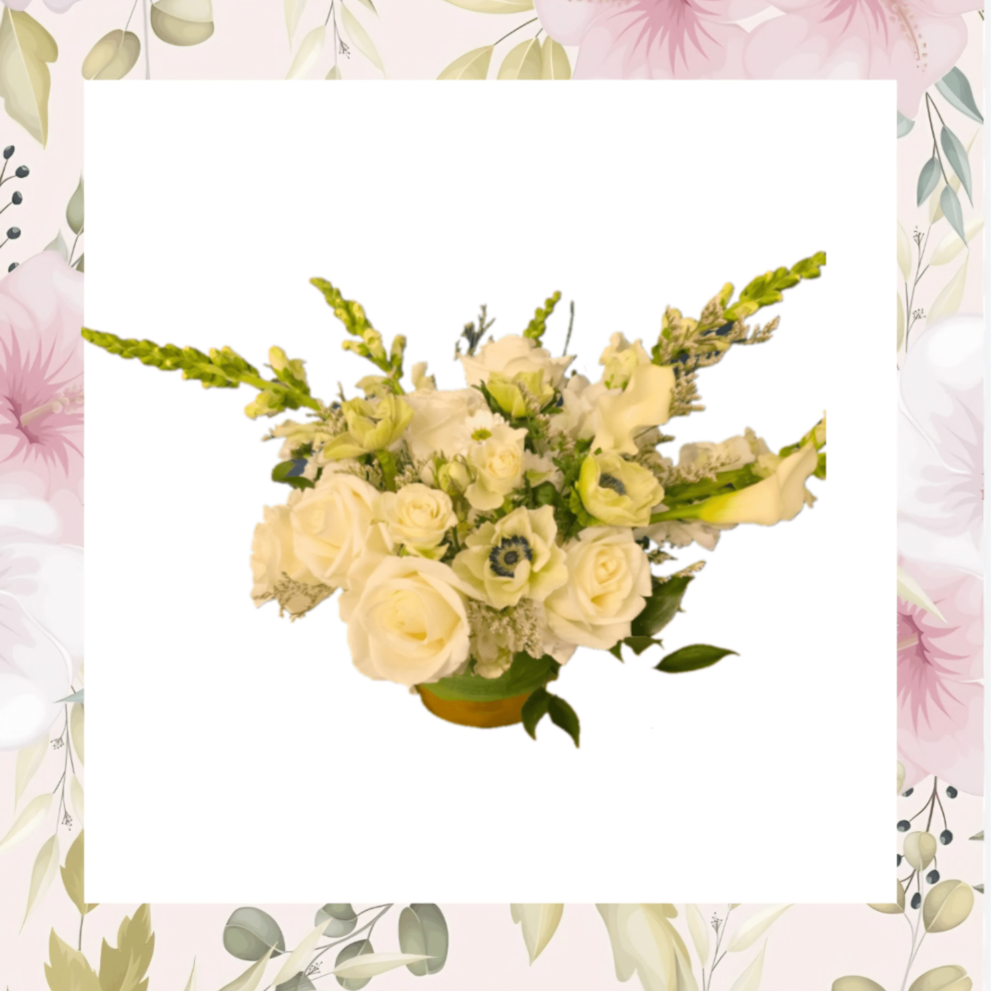 Cream rose bouquet with white calla lilies in a low container