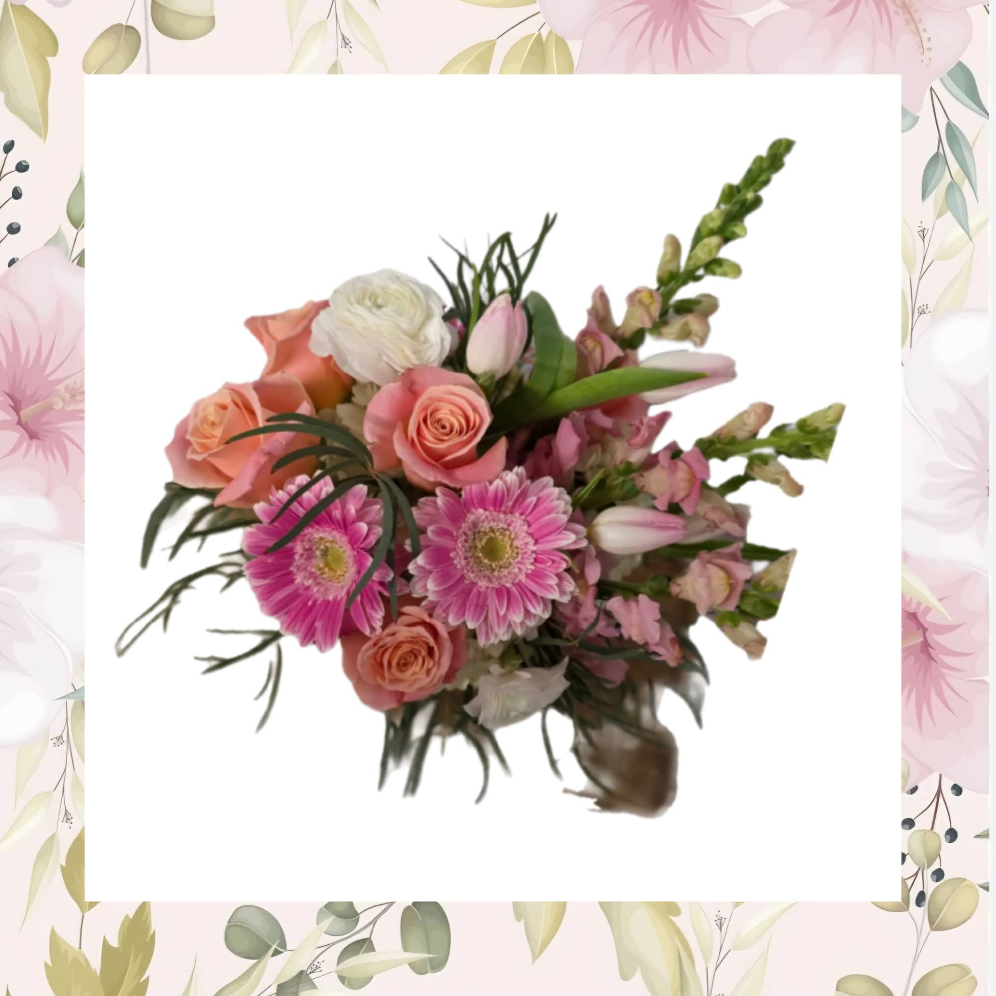 Pink roses and bright gerbera daisies create a cheerful, slightly romantic centerpiece