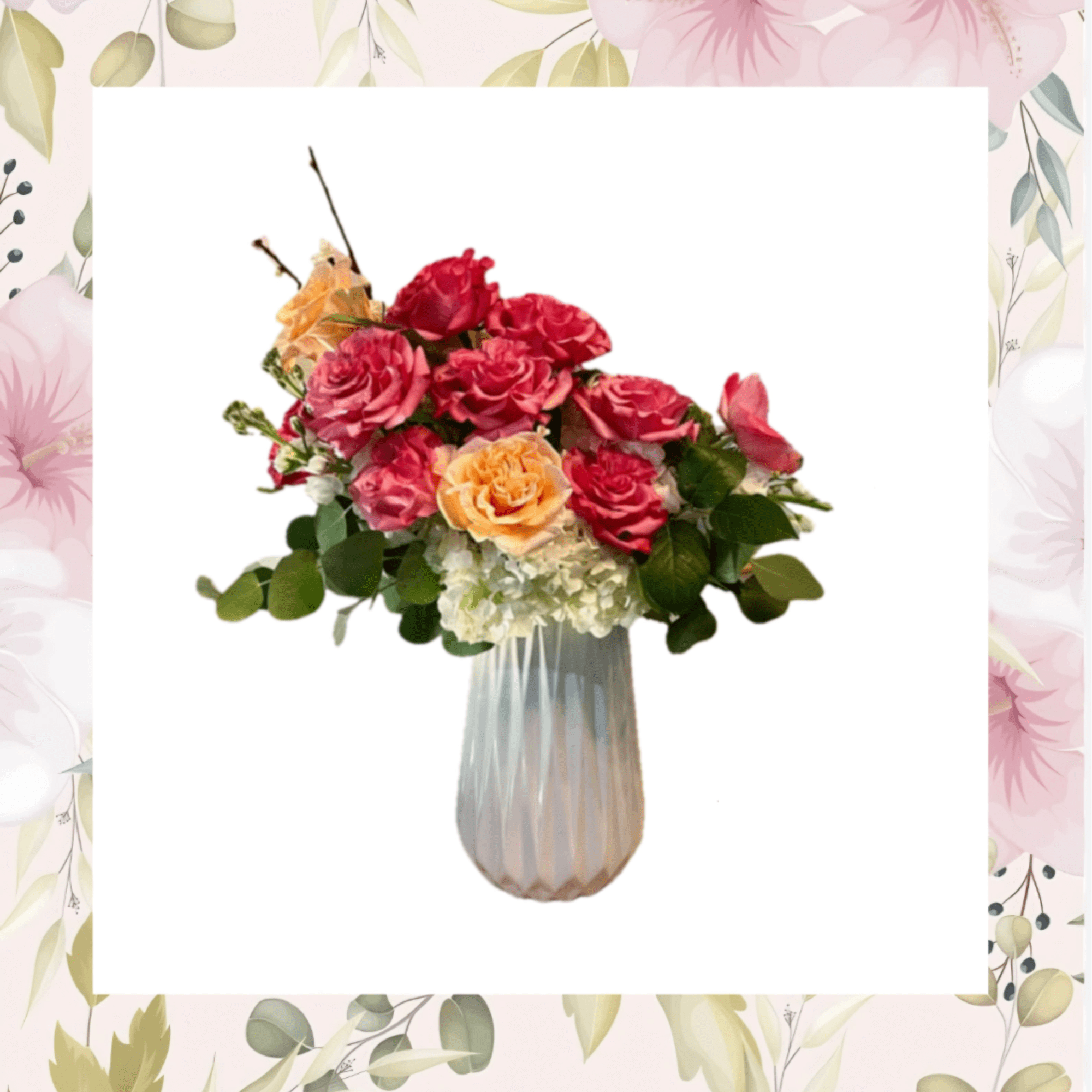 Faith Hope and Lovely consists of large seasonal roses, white hydrangea, chrysanthemums
