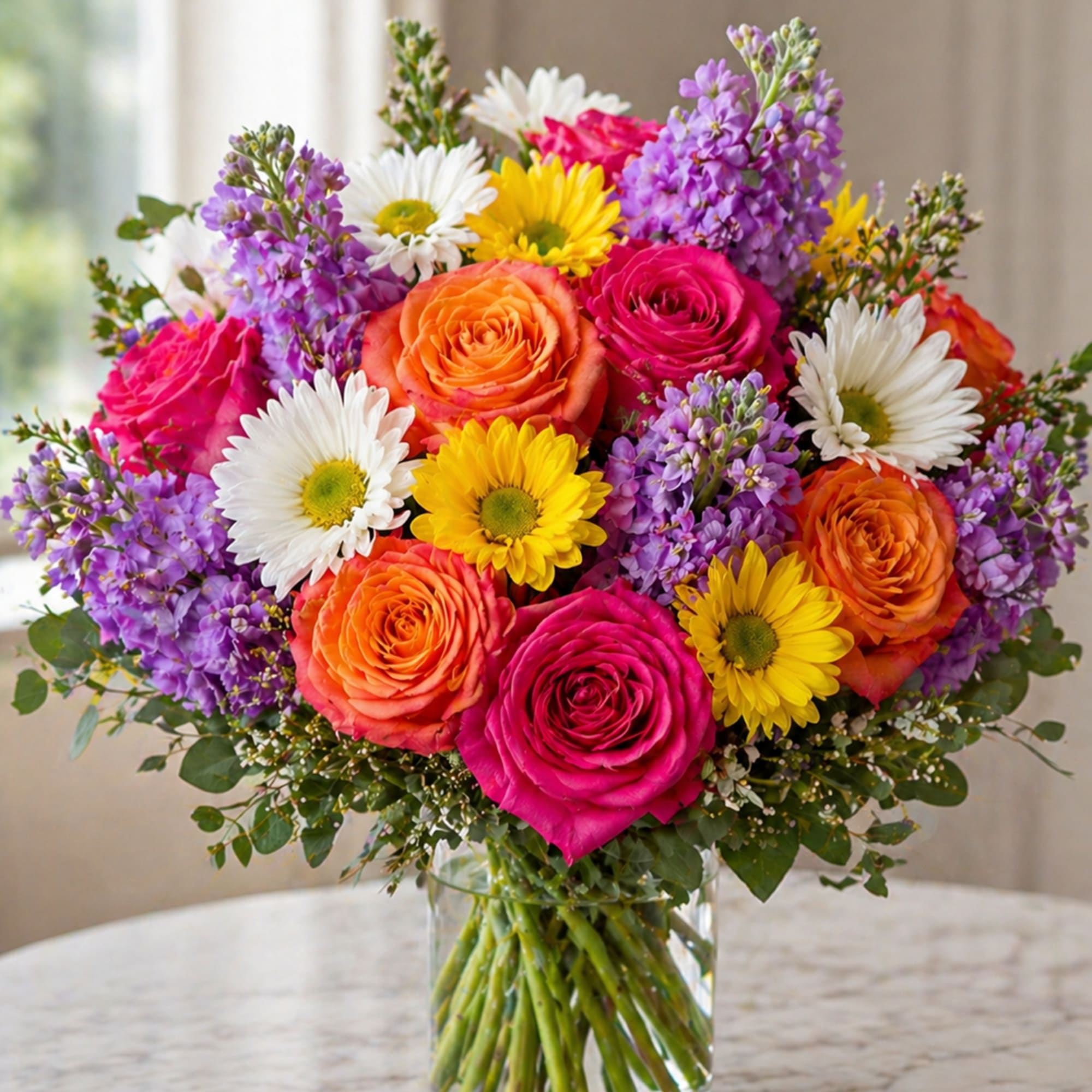 A lively mix of vibrant roses, cheerful daisies, and colorful seasonal blooms