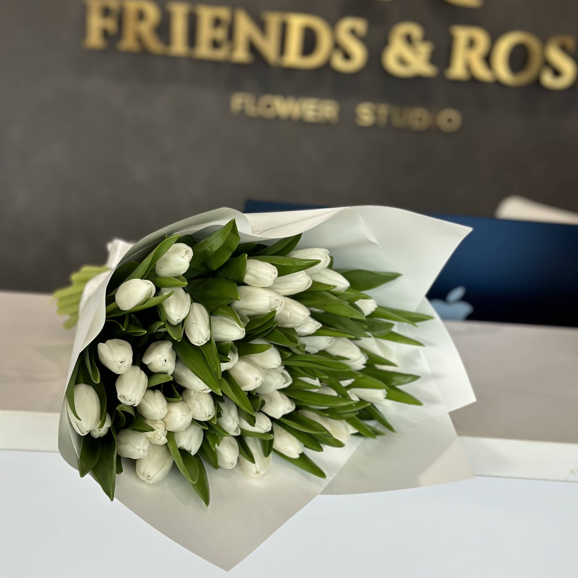 Bouquet of white tulips wrapped in white paper