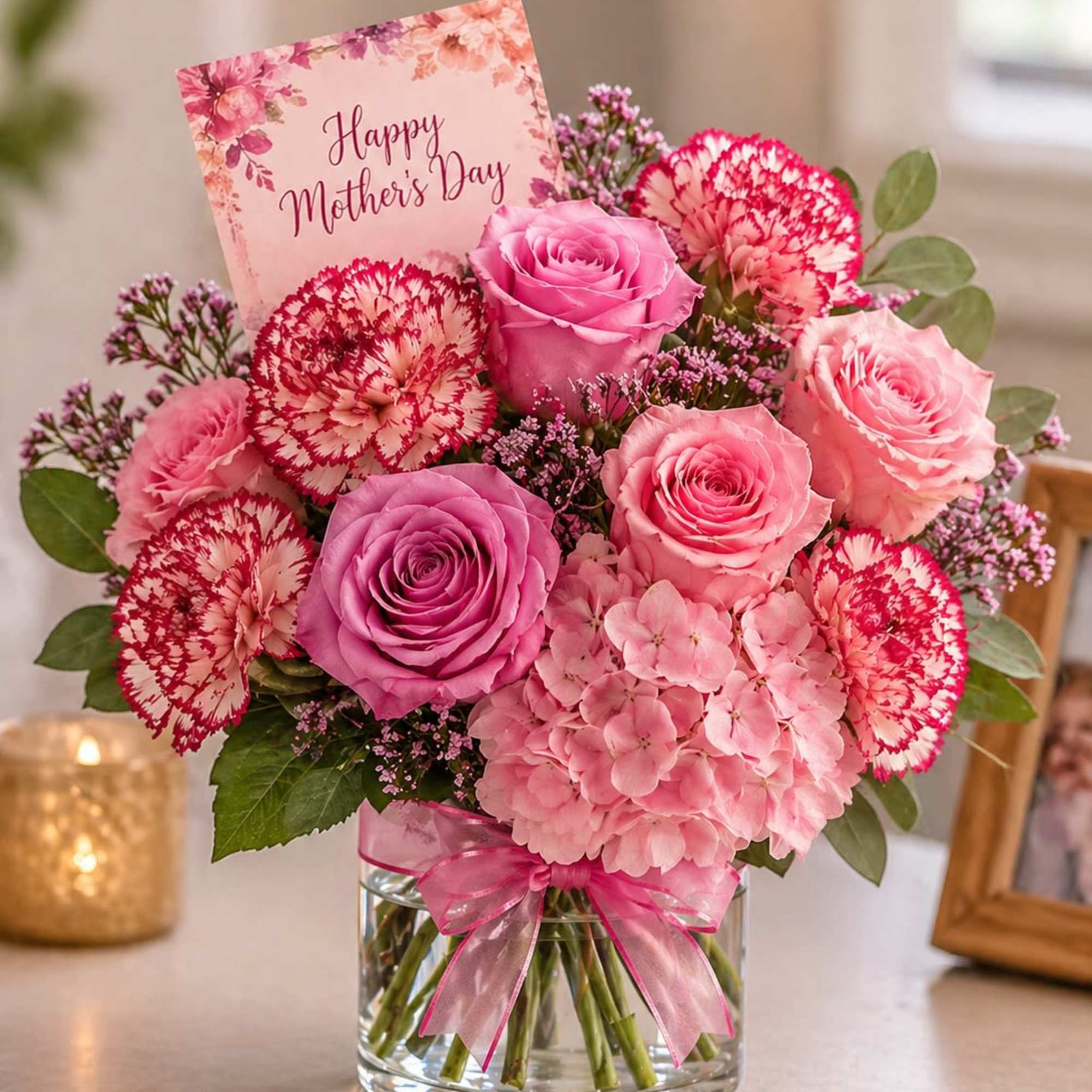 A bright and cheerful mix of pink roses, bicolored carnations, and soft
