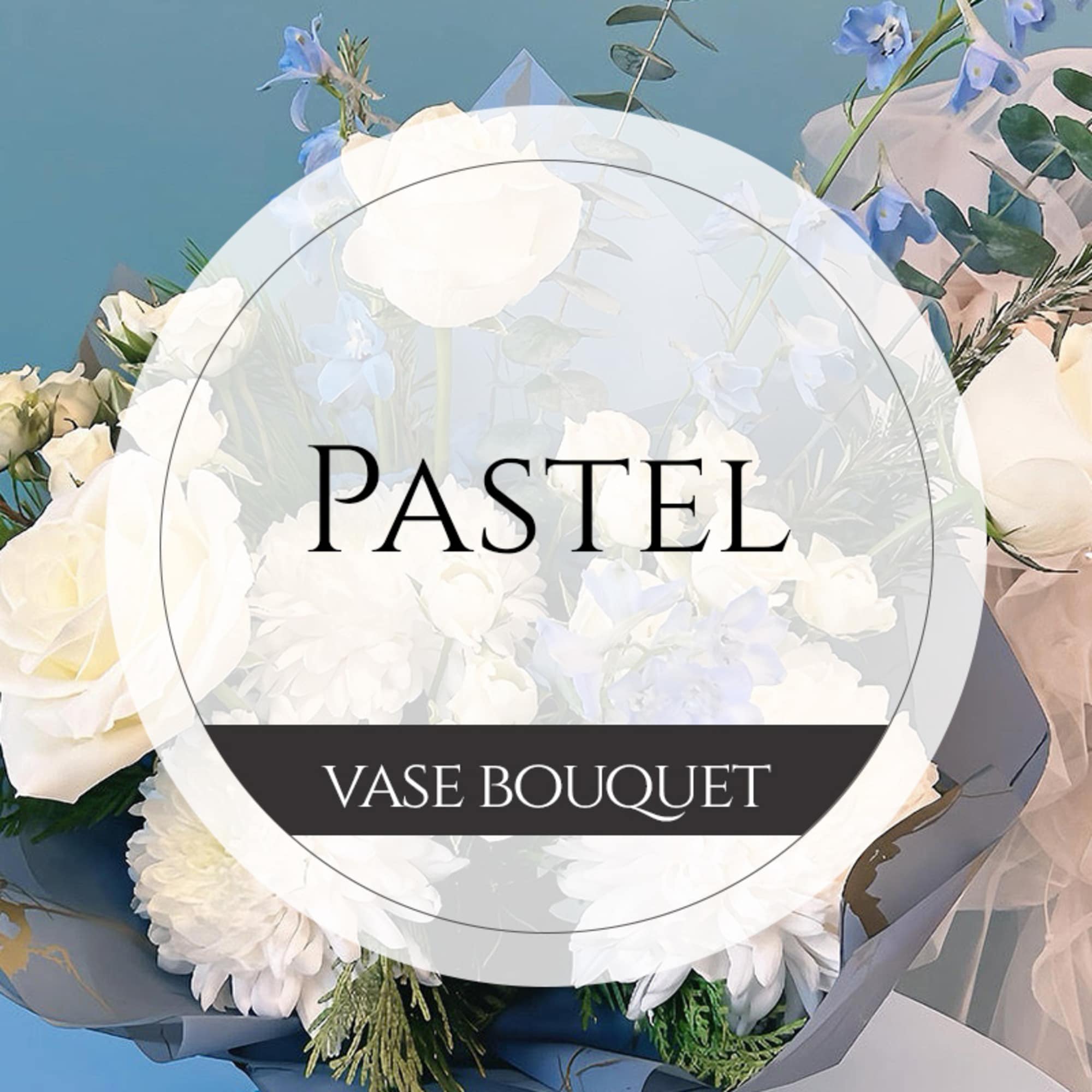 Pastel bouquet with white and pale blue flowers in wrapping