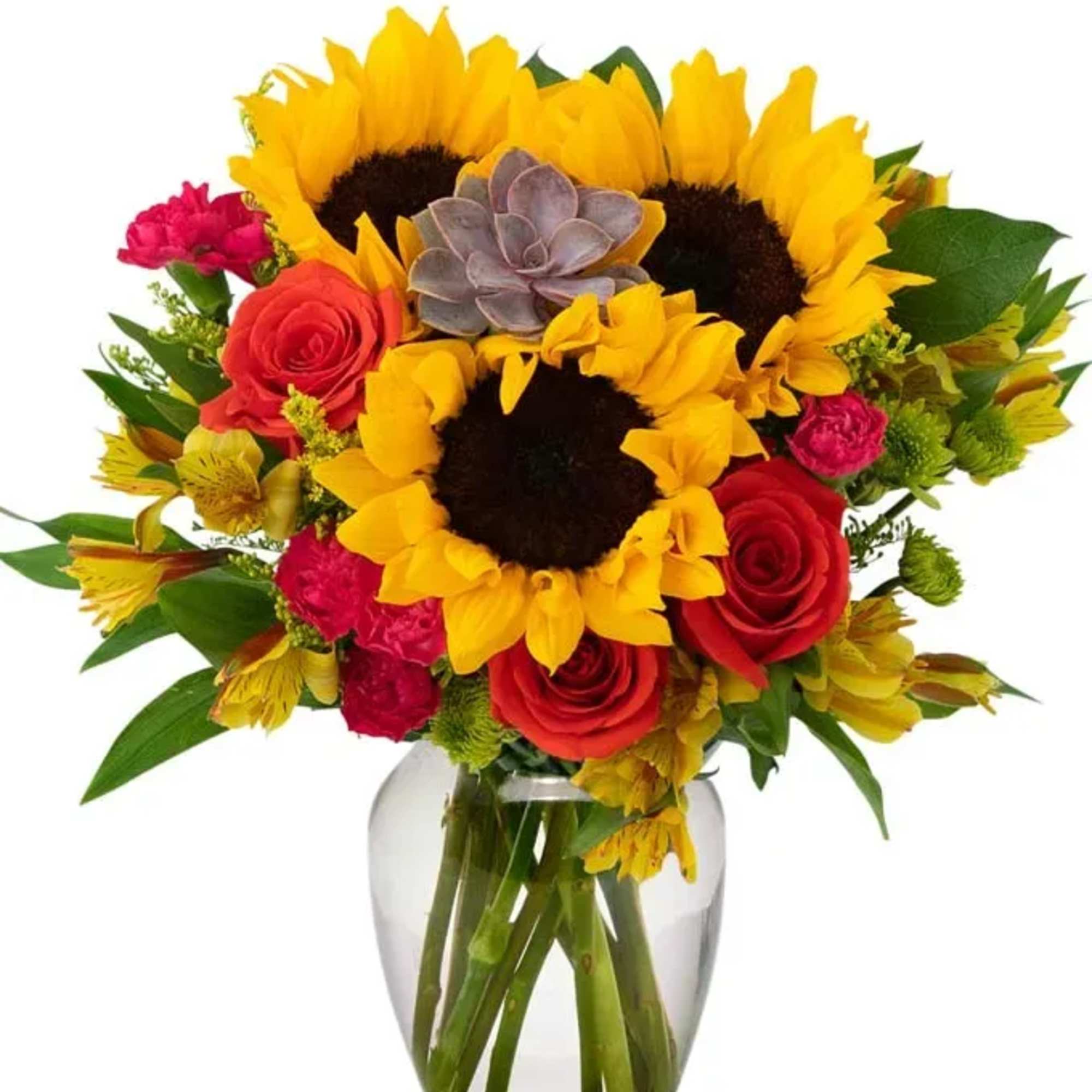 Bright, sunlit sunflowers steal the show in this flower arrangement, a cheerful
