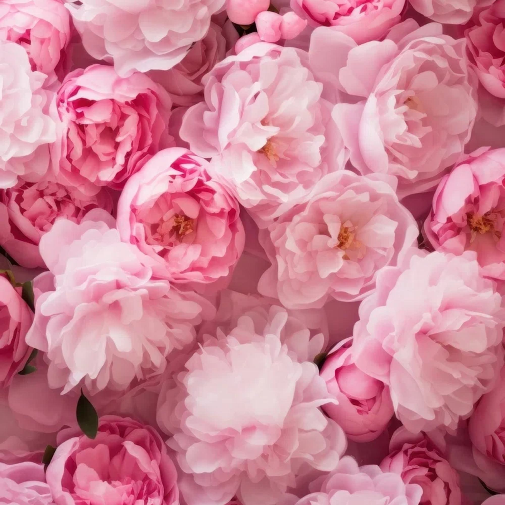 Dense cluster of pink and pale blush peony-like flowers