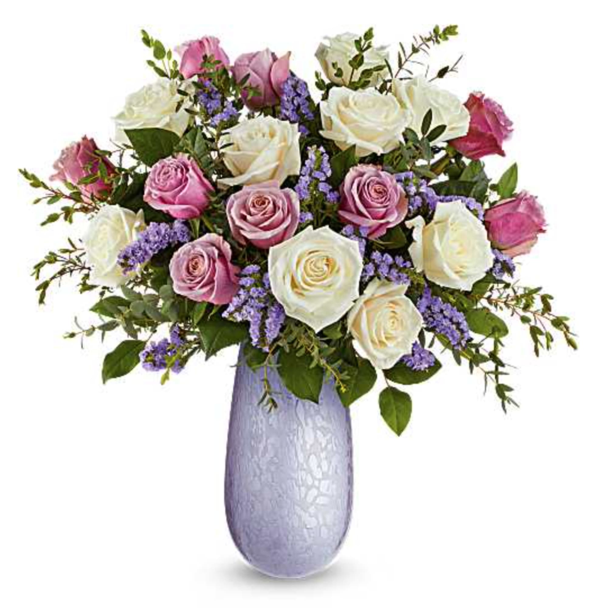 Our Marvelous Moments Bouquet features cr&egrave;me roses, lavender roses, lavender sinuata statice