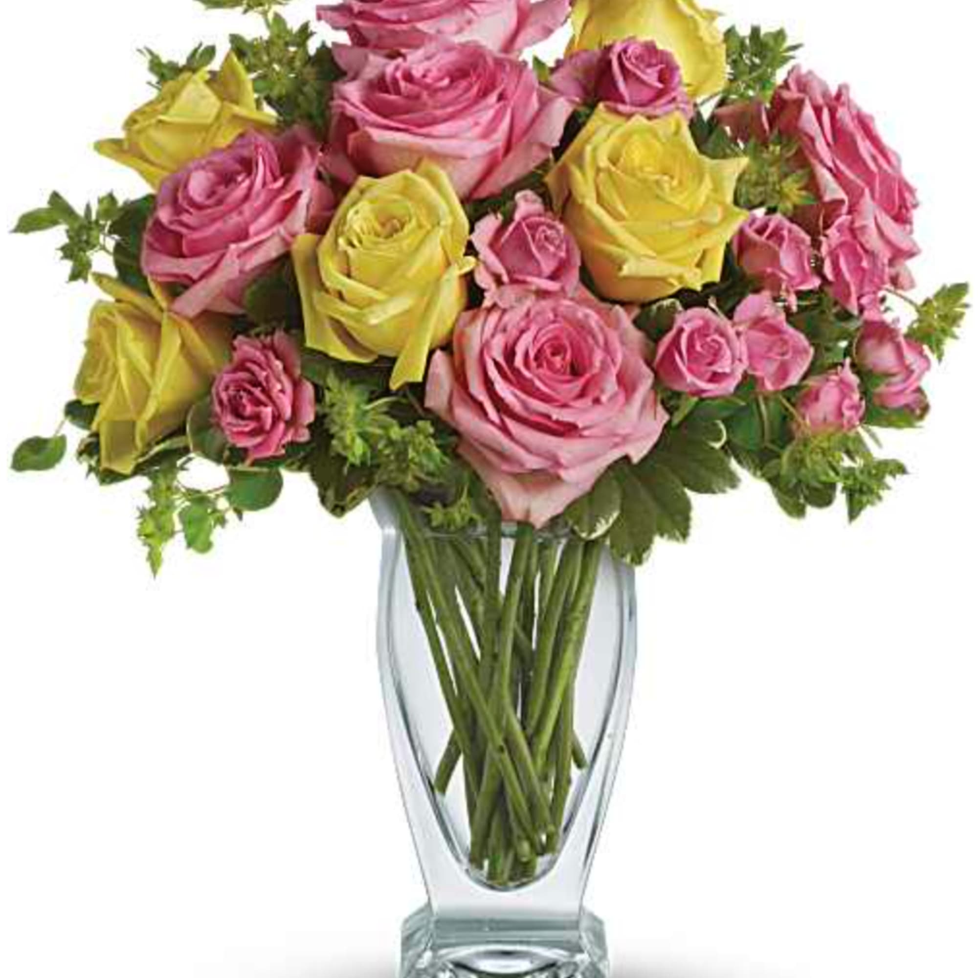 Pink lemonade, anyone? This stunning bouquet of pink and yellow roses adds