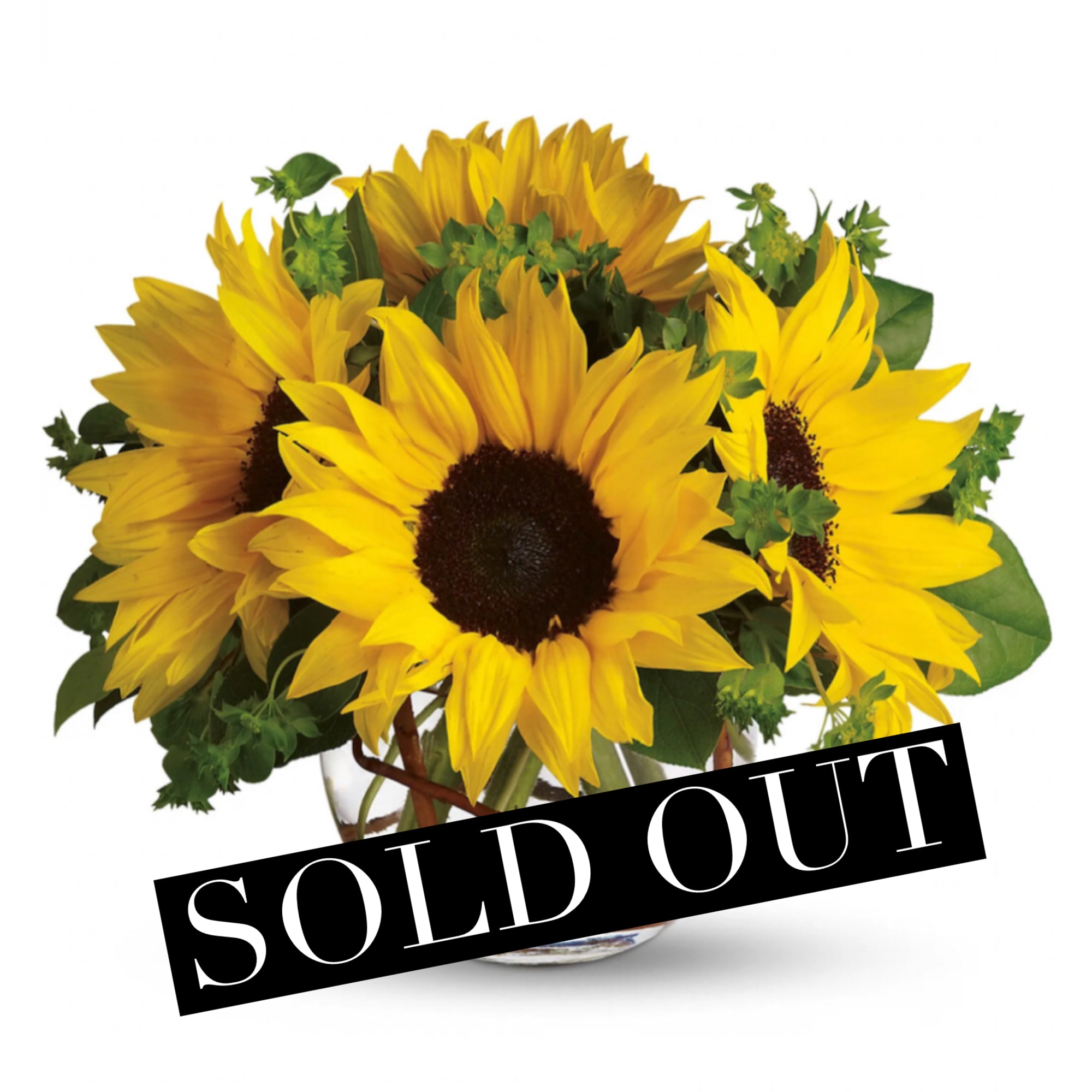 Bouquet of yellow sunflowers in a glass vase