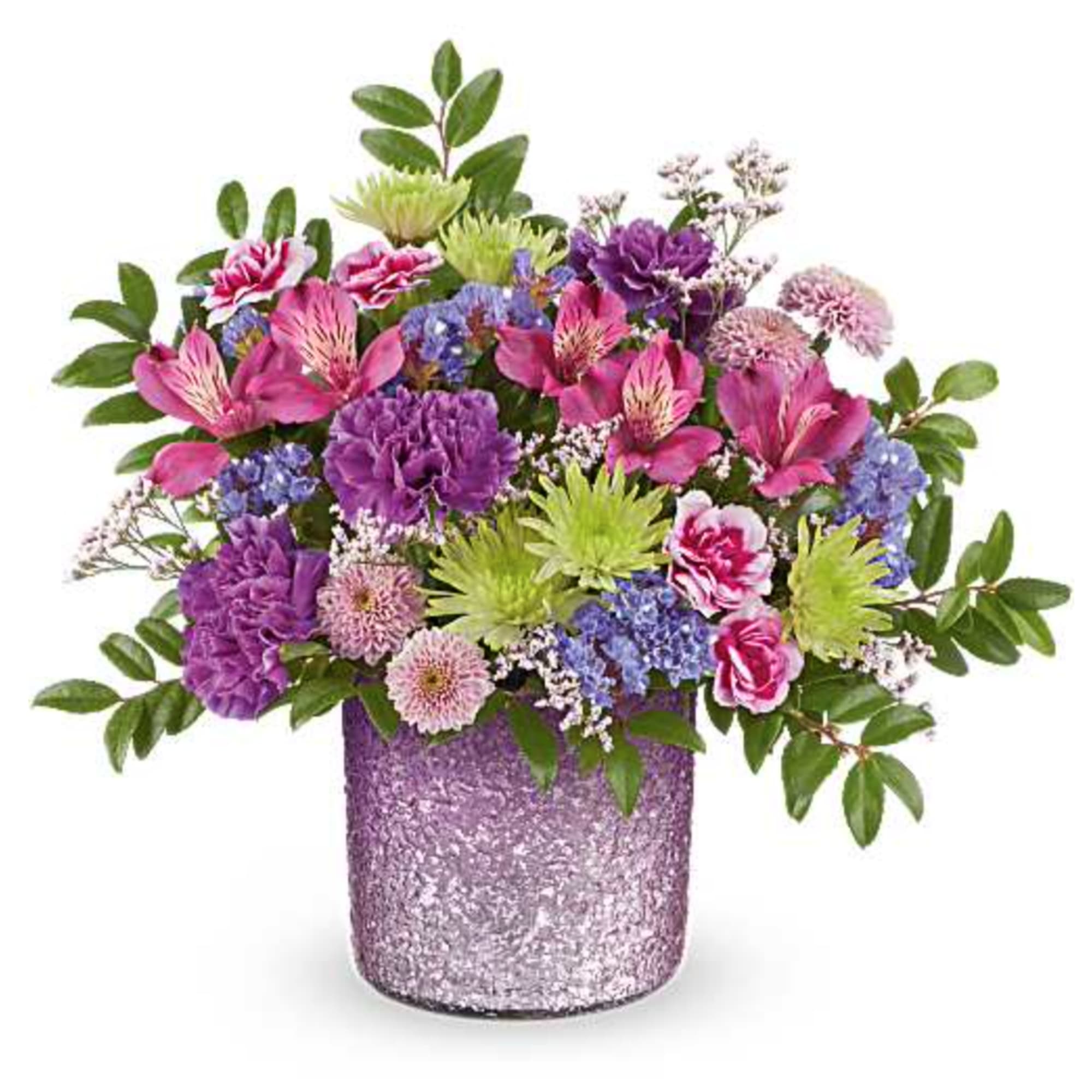 Our Jewel Garden Bouquet features lavender roses, purple alstroemeria, purple carnations, variegated