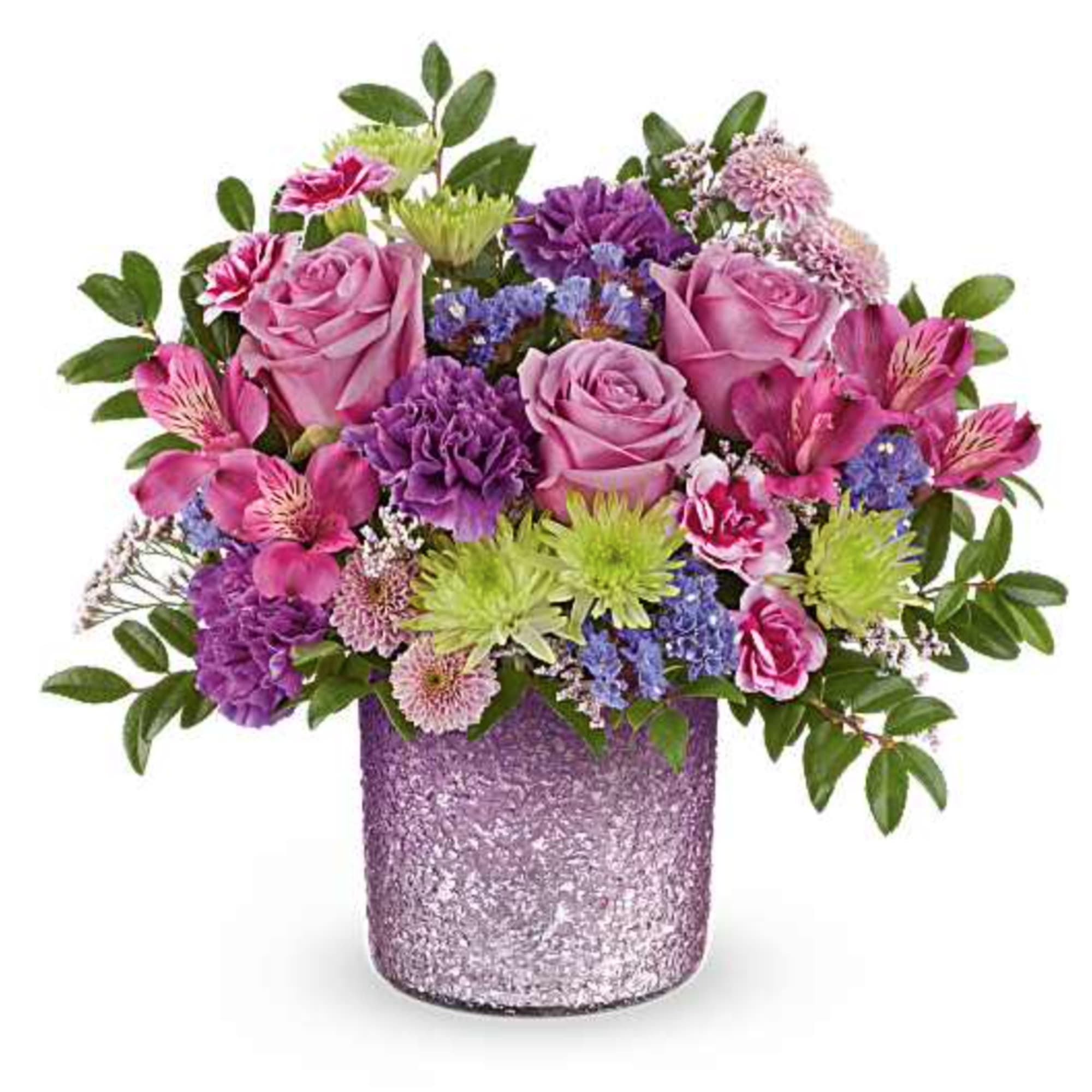 Our Jewel Garden Bouquet features lavender roses, purple alstroemeria, purple carnations, variegated
