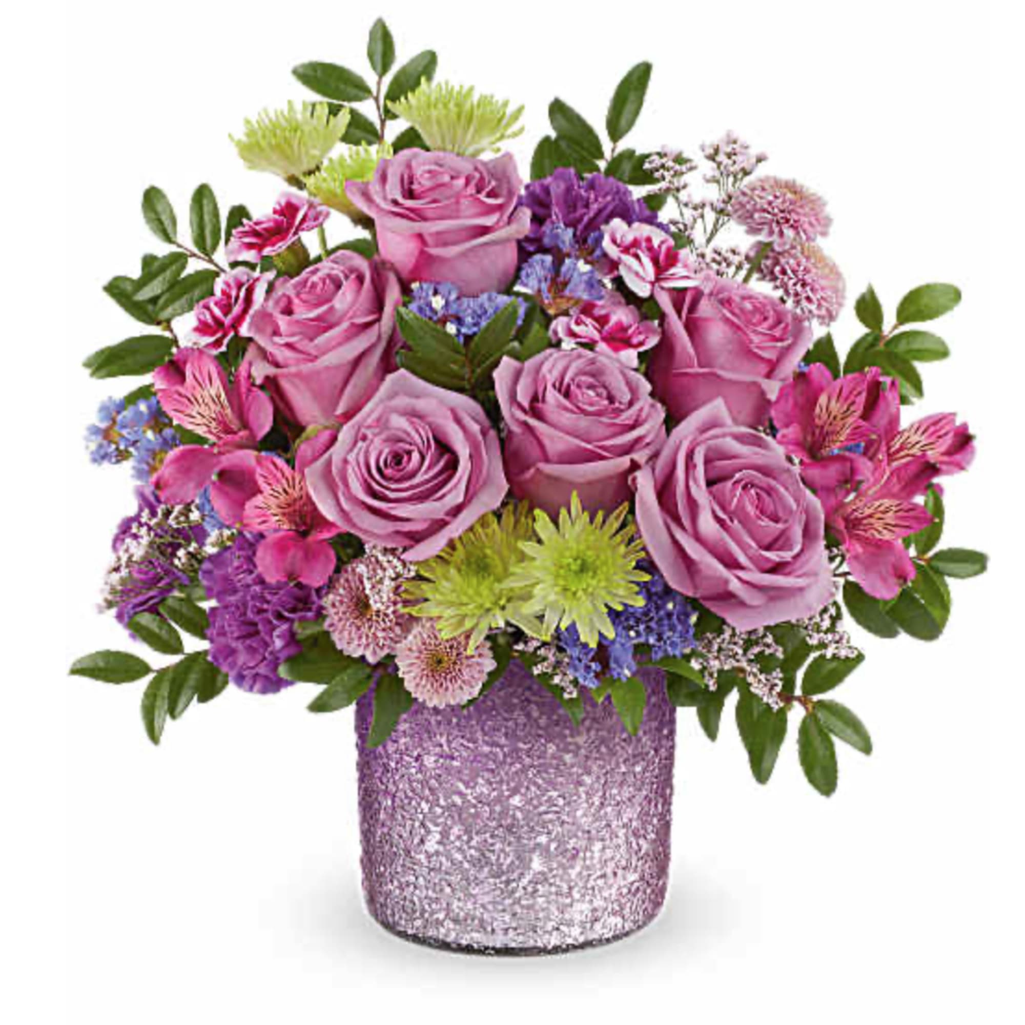 Our Jewel Garden Bouquet features lavender roses, purple alstroemeria, purple carnations, variegated