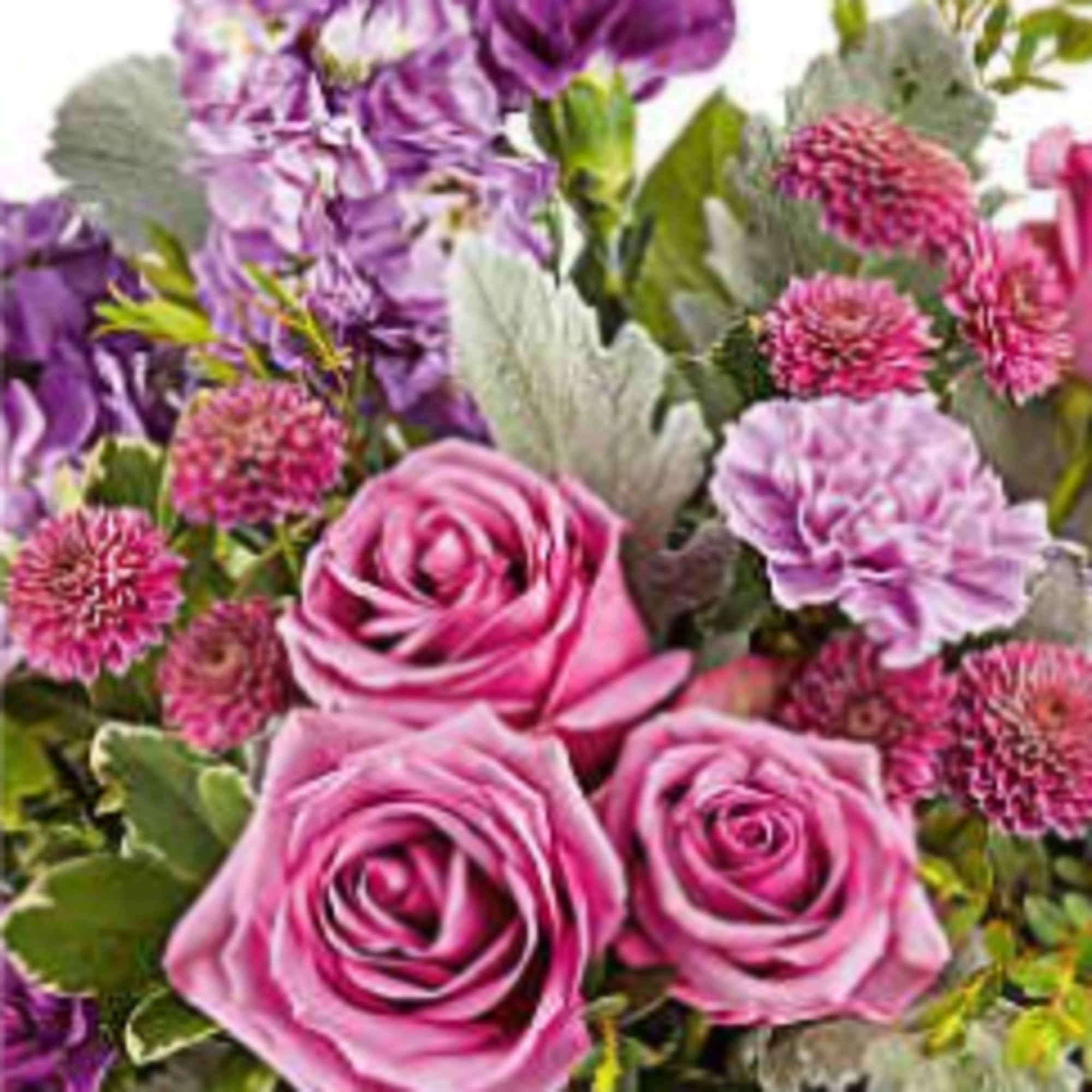 Assorted fresh cut flowers in a wicker basket beautifully arranged.  
Colors