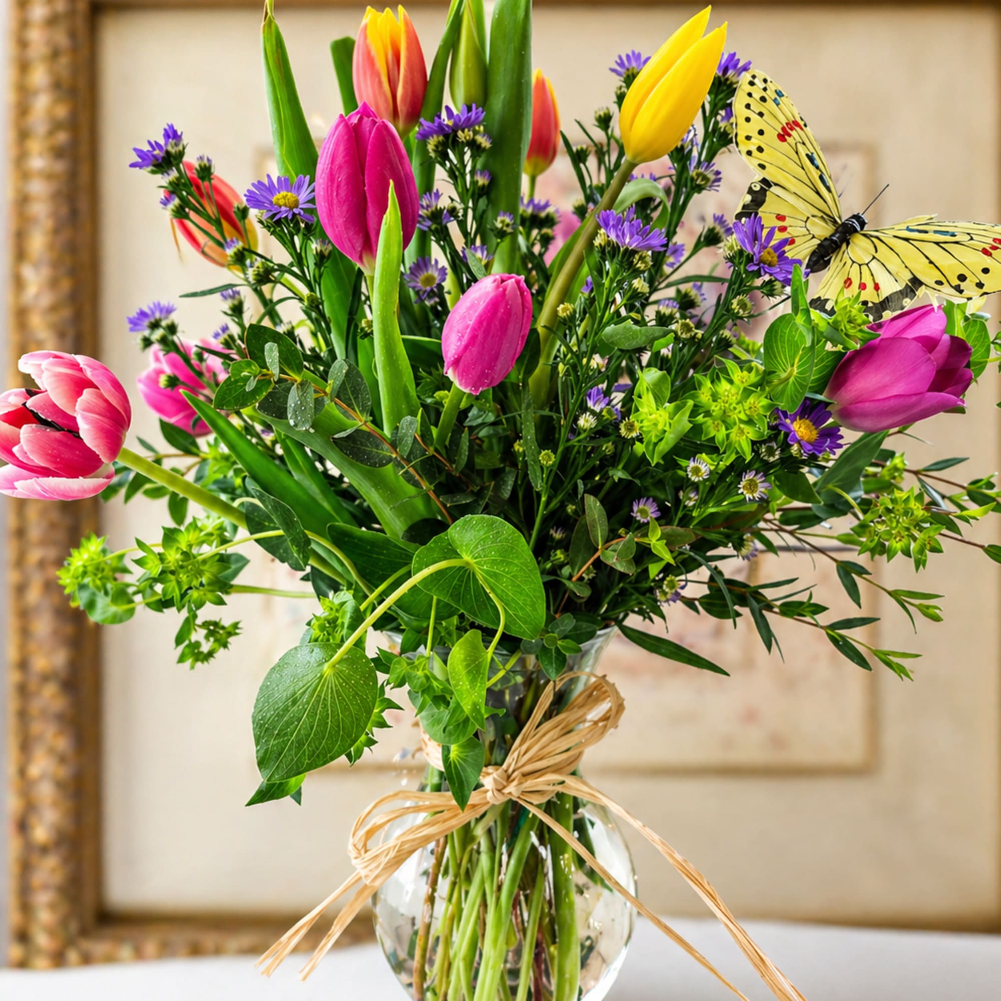 A bright cluster of tulips in pink, purple, yellow and coral greets