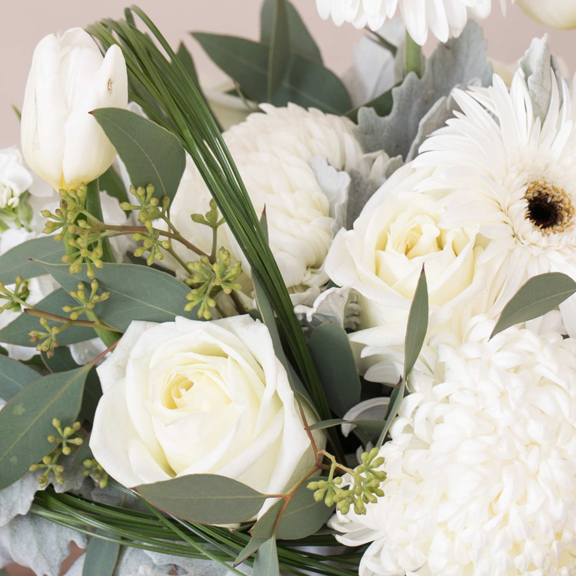 Arrangement of white roses, gerbera daisies, chrysanthemums, and a tulip with contrasting foliage