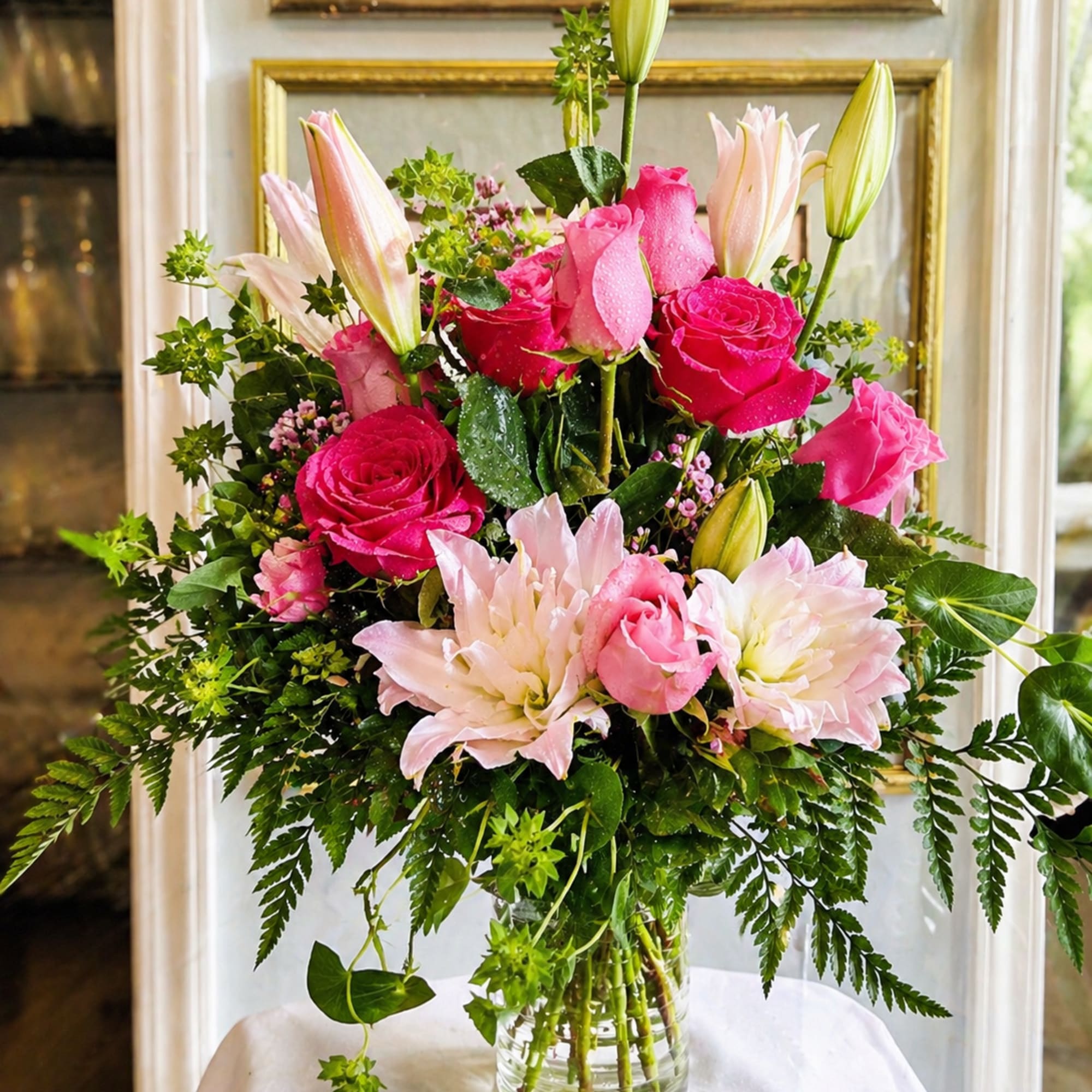 Lush clusters of hot pink and peach roses surround a large pale-pink