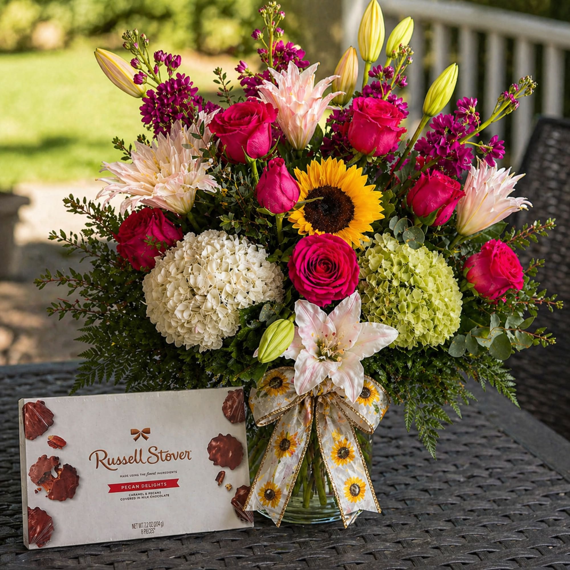 Bright, layered and joyfully colorful, this large mixed flower arrangement-perfect as a