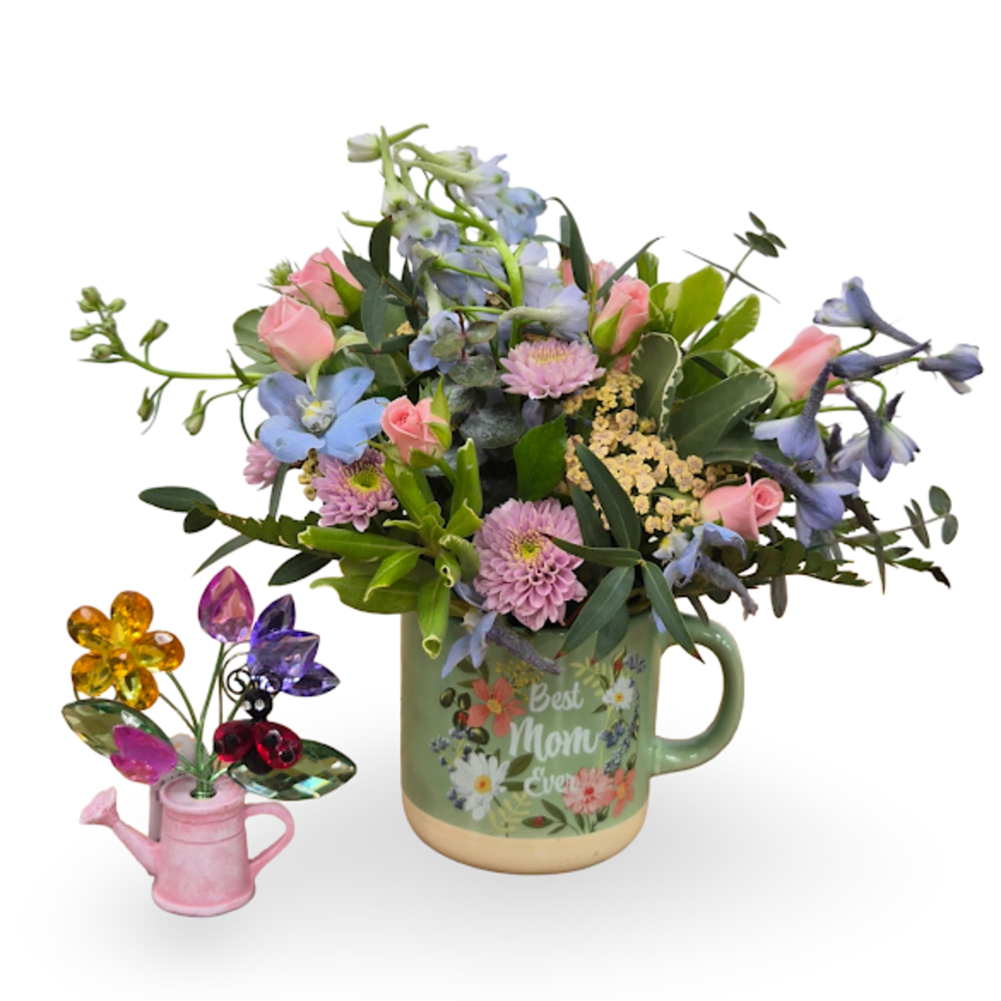 A bright, garden-fresh arrangement centered on pink spray roses and lavender poms