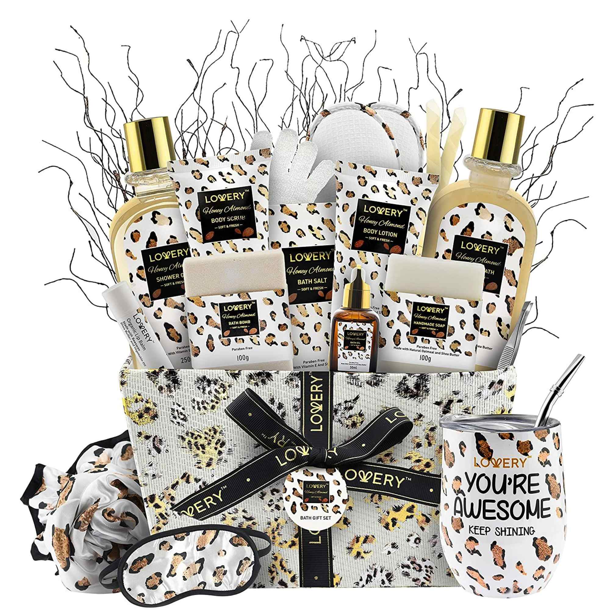 Leopard print spa gift basket with bath products, tumbler, eye mask, and accessories