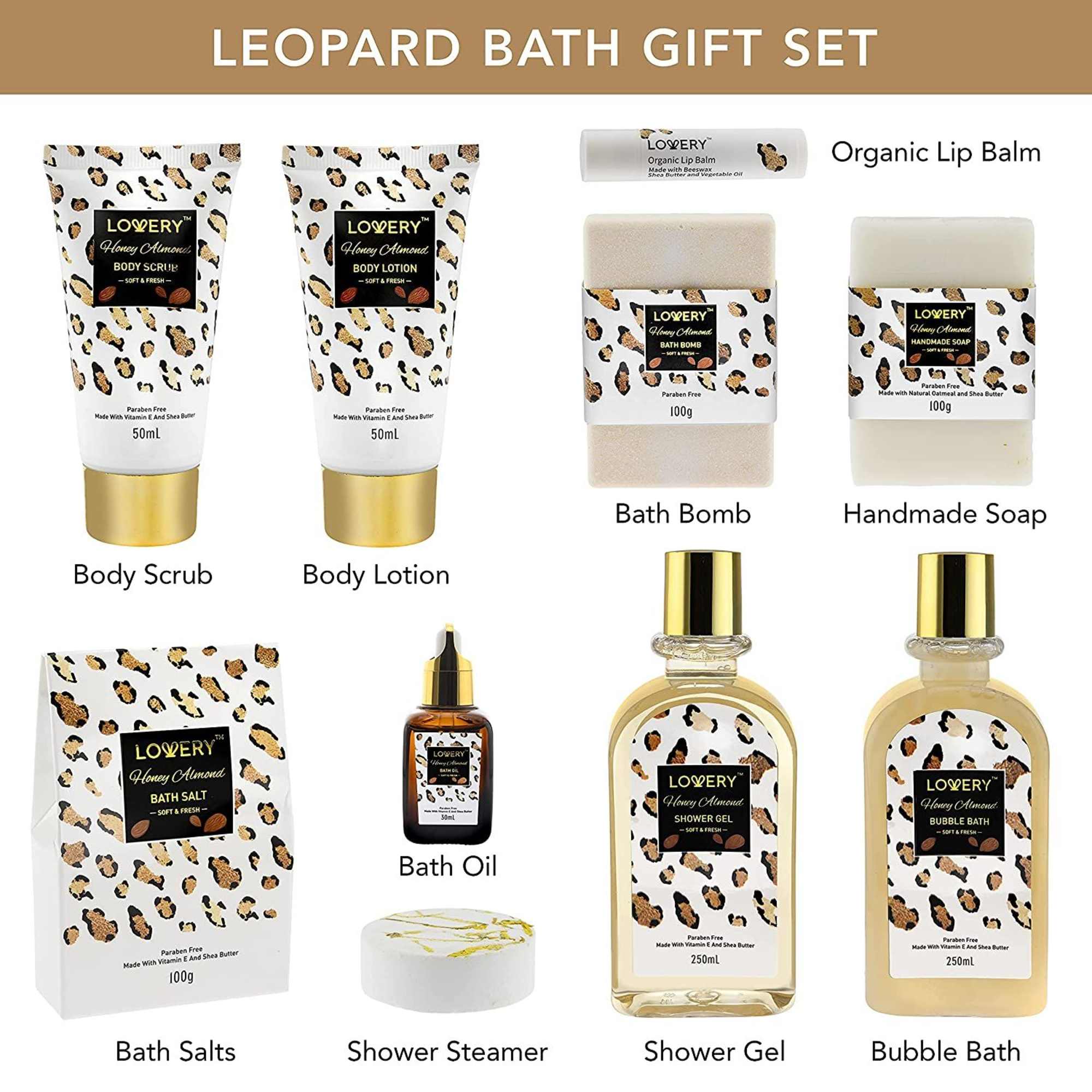 Leopard-print bath gift set with assorted lotions, soaps, and shower products