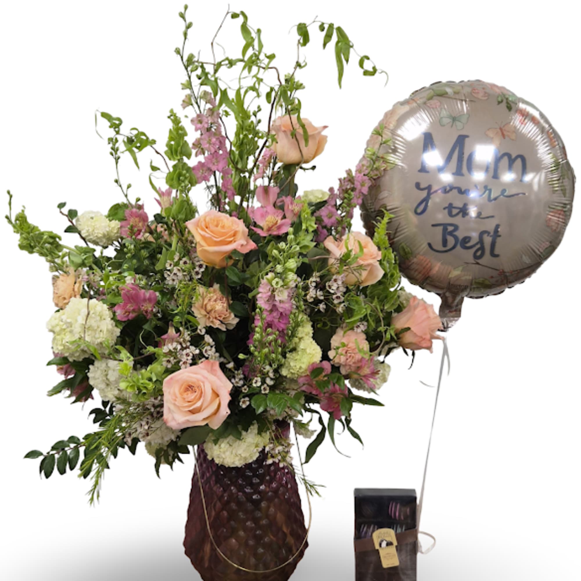 Peach roses and pink alstroemeria take center stage in this Mother's Day