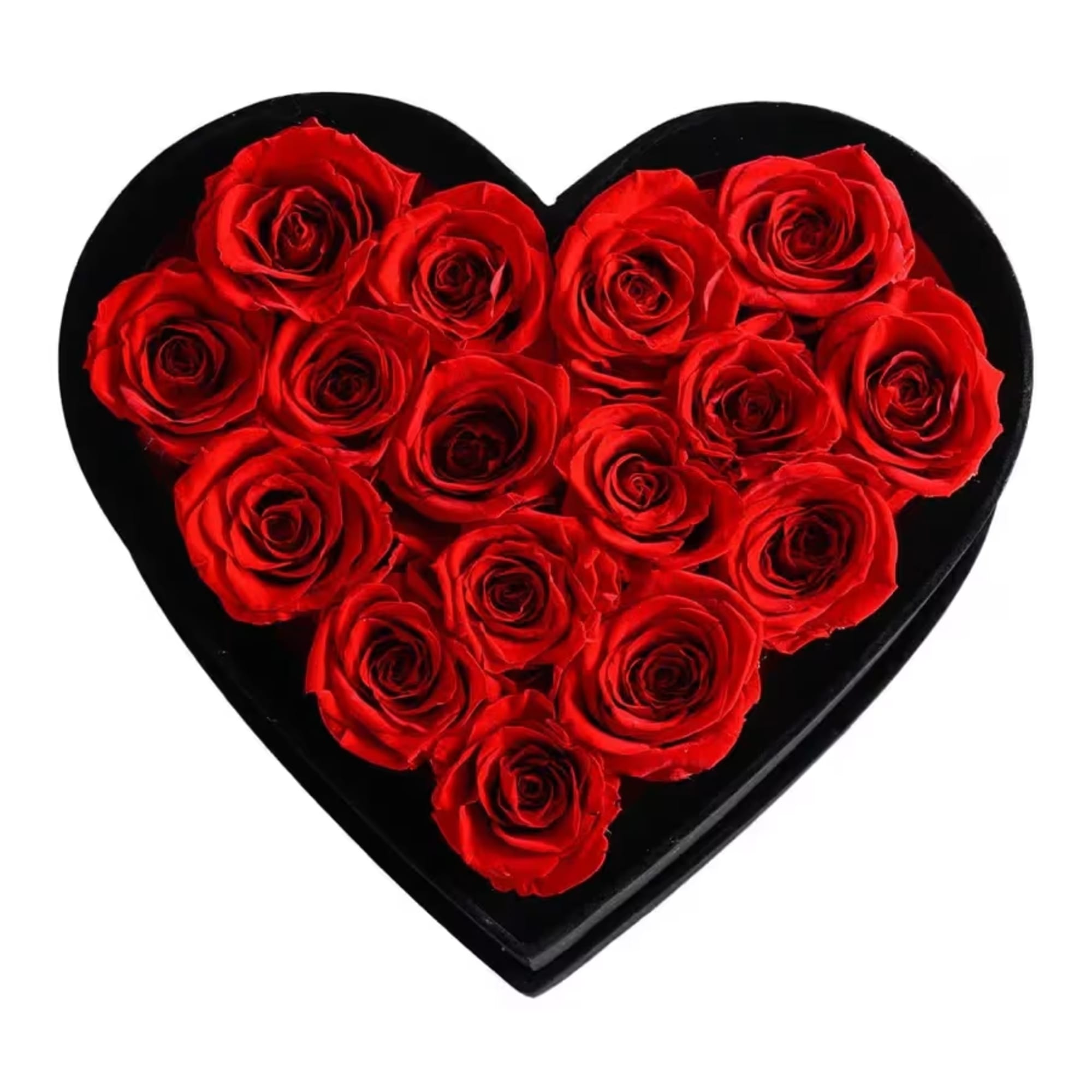 Heart-shaped black box filled with red roses