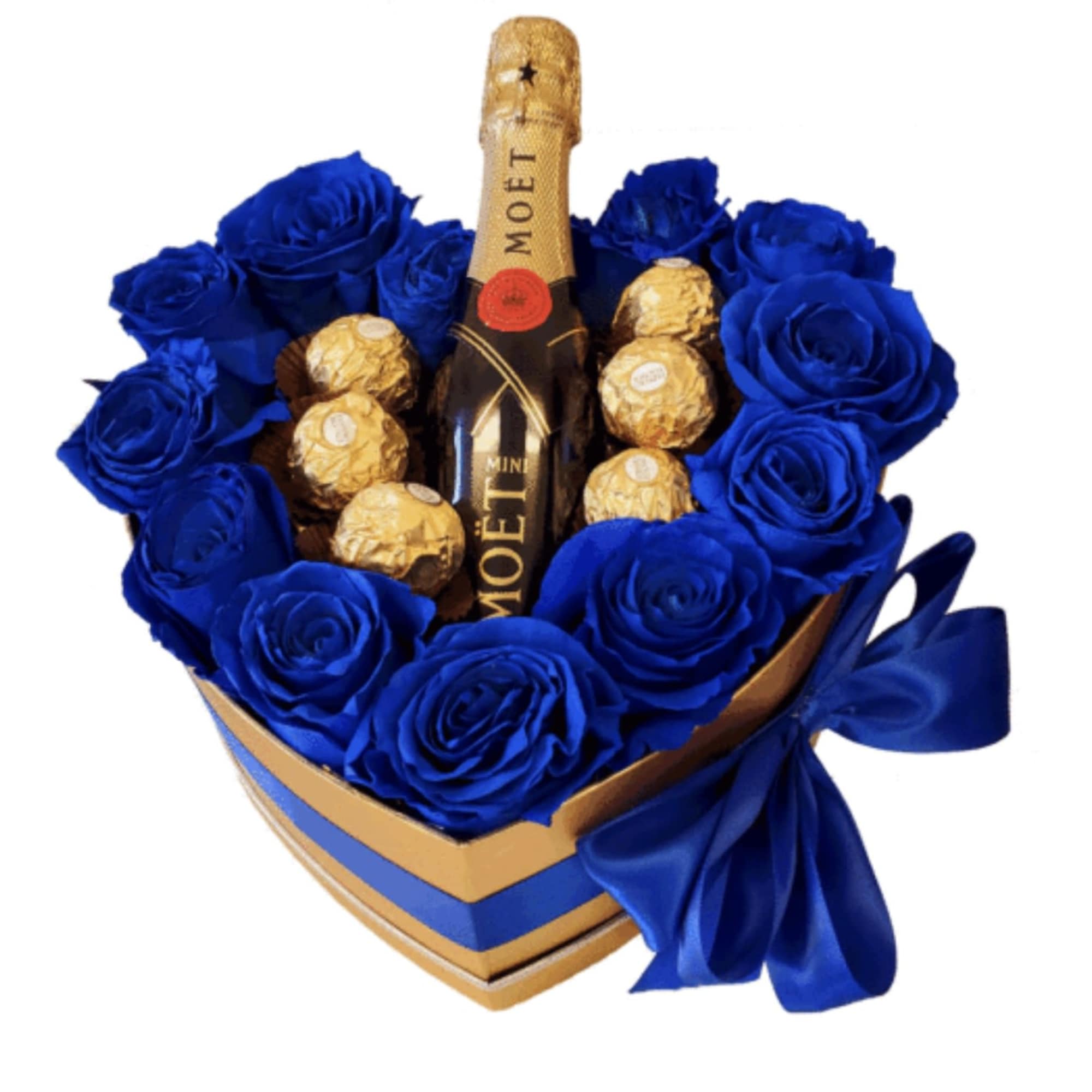 Heart-shaped box with blue roses, chocolates, and a mini Moët bottle