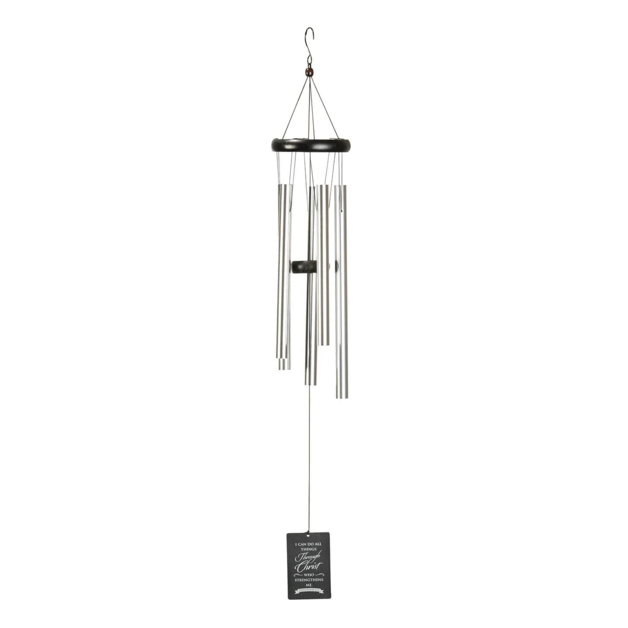 Metal wind chime with a hanging quote plaque