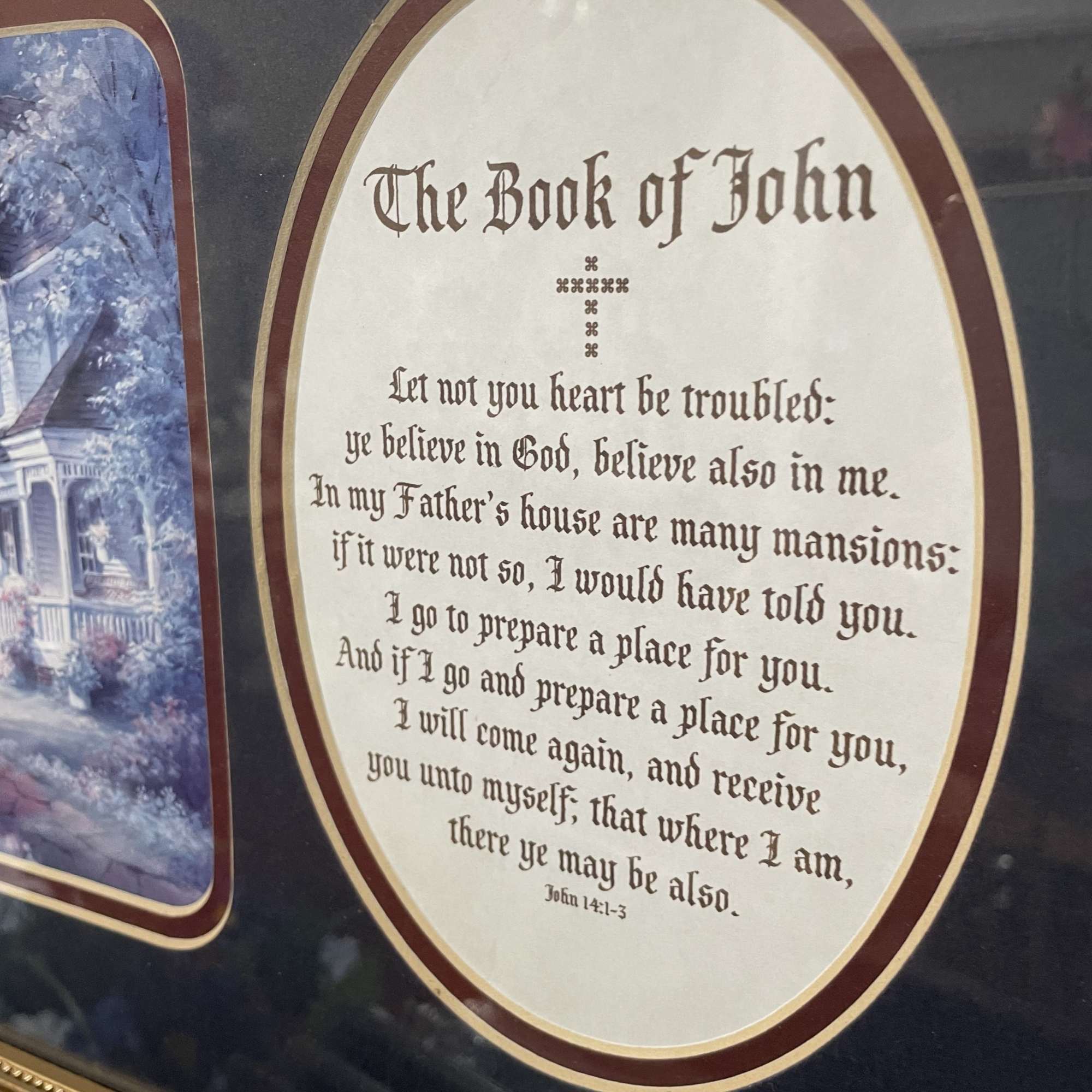 Framed religious plaque with Bible verse text and a small house scene