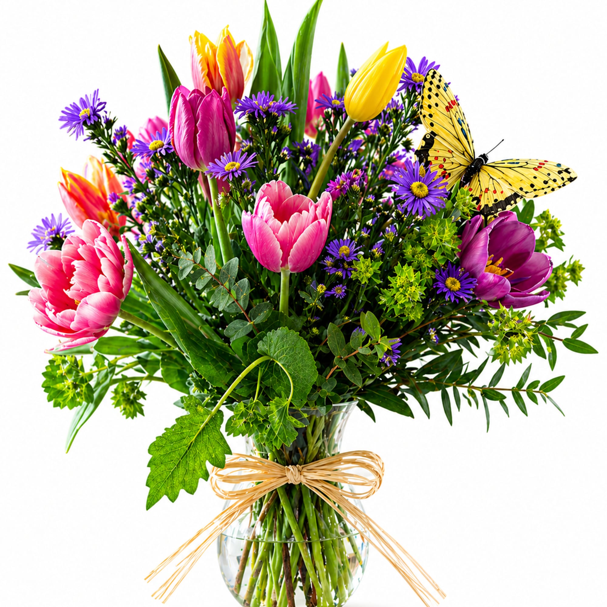 A bright cluster of tulips in pink, purple, yellow and coral greets