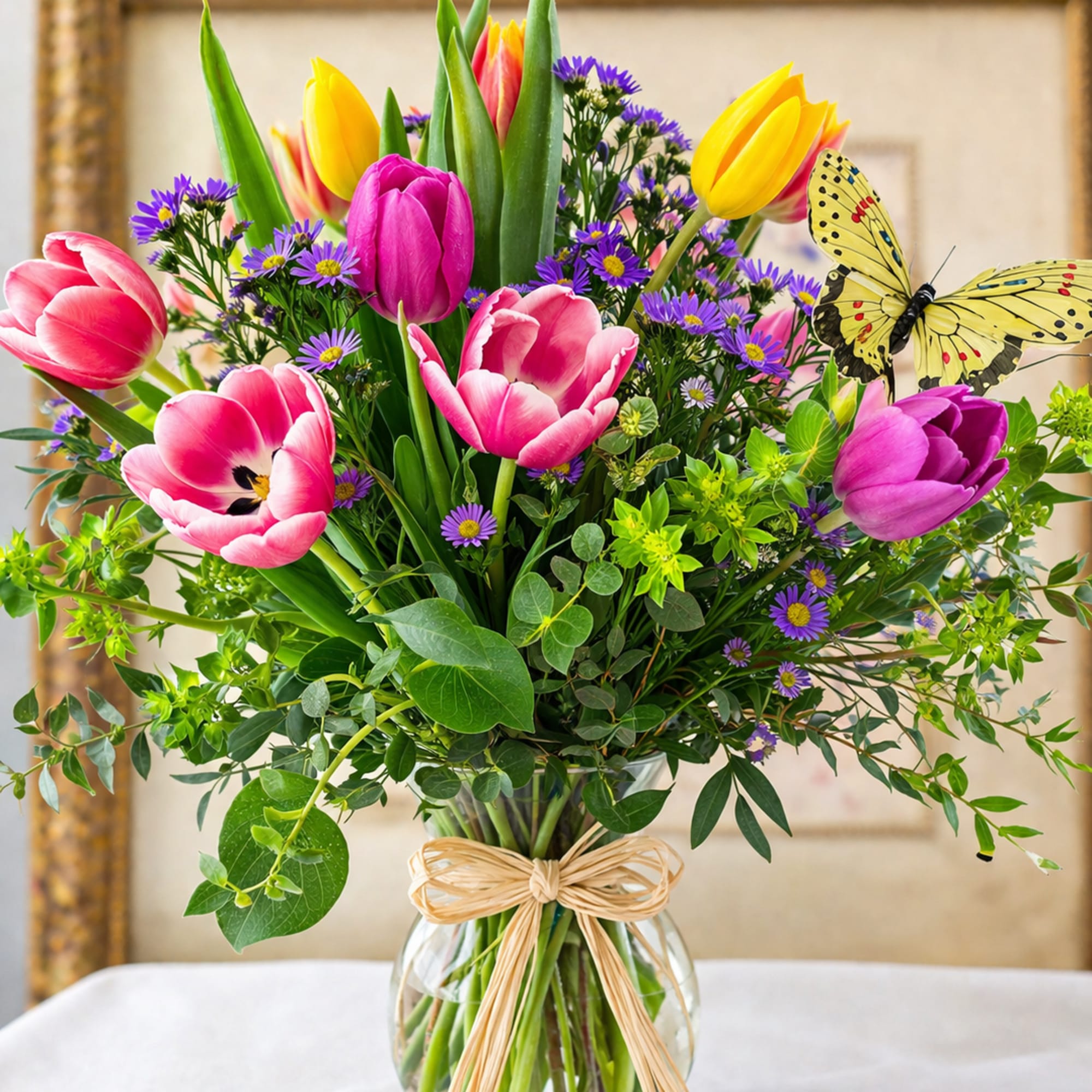 A bright cluster of tulips in pink, purple, yellow and coral greets