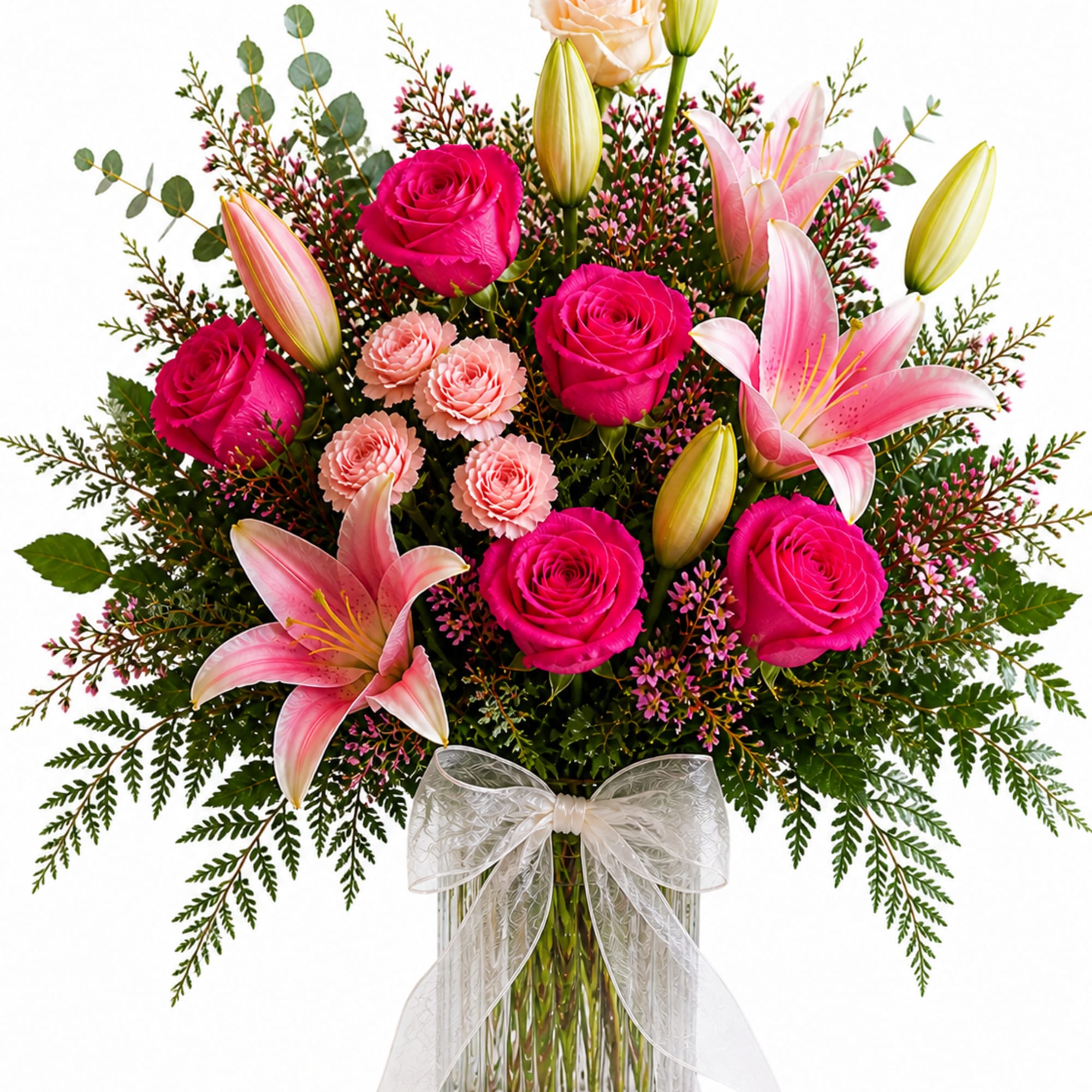 Bright hot-pink and peach roses circling a pale pink lily give this
