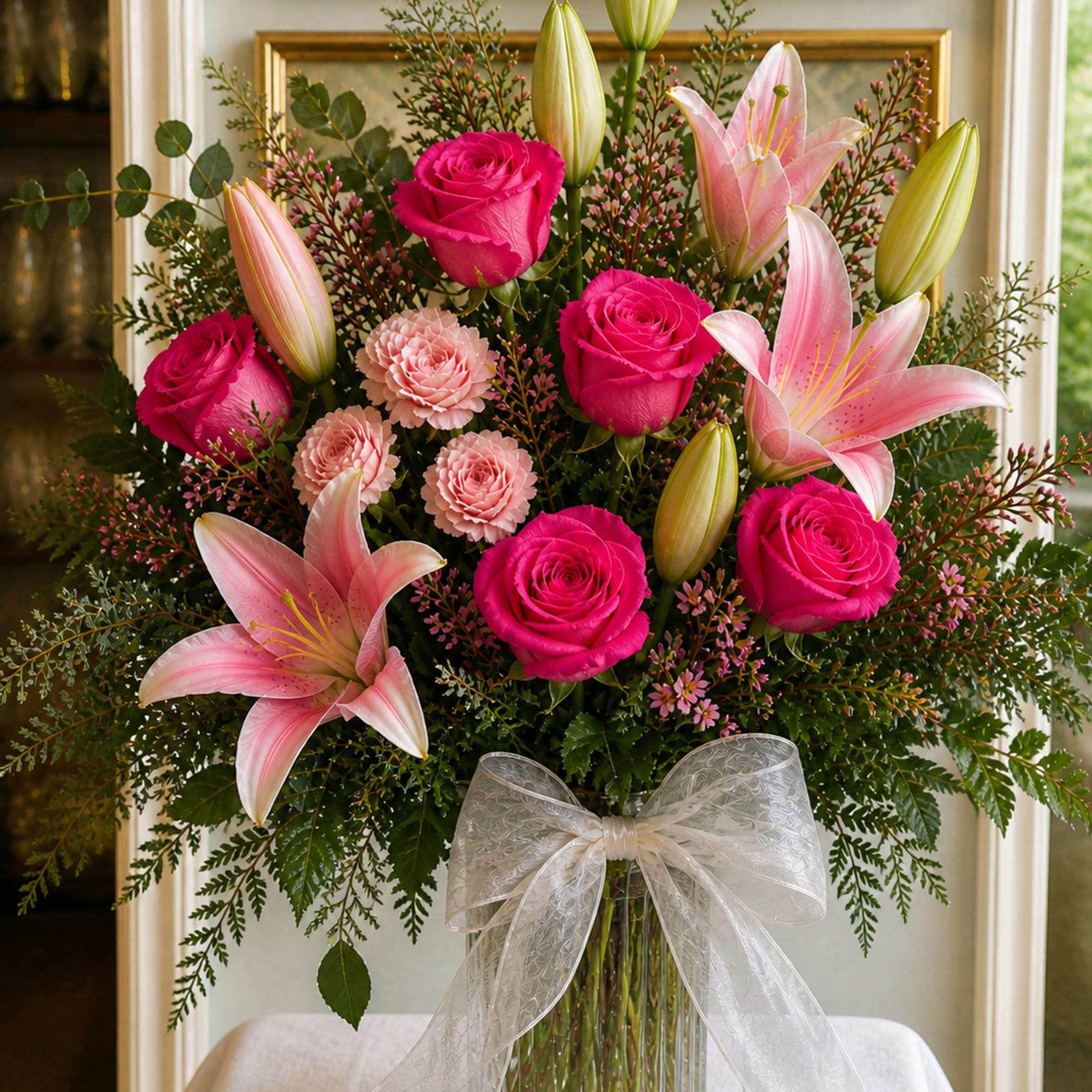 Bright hot-pink and peach roses circling a pale pink lily give this